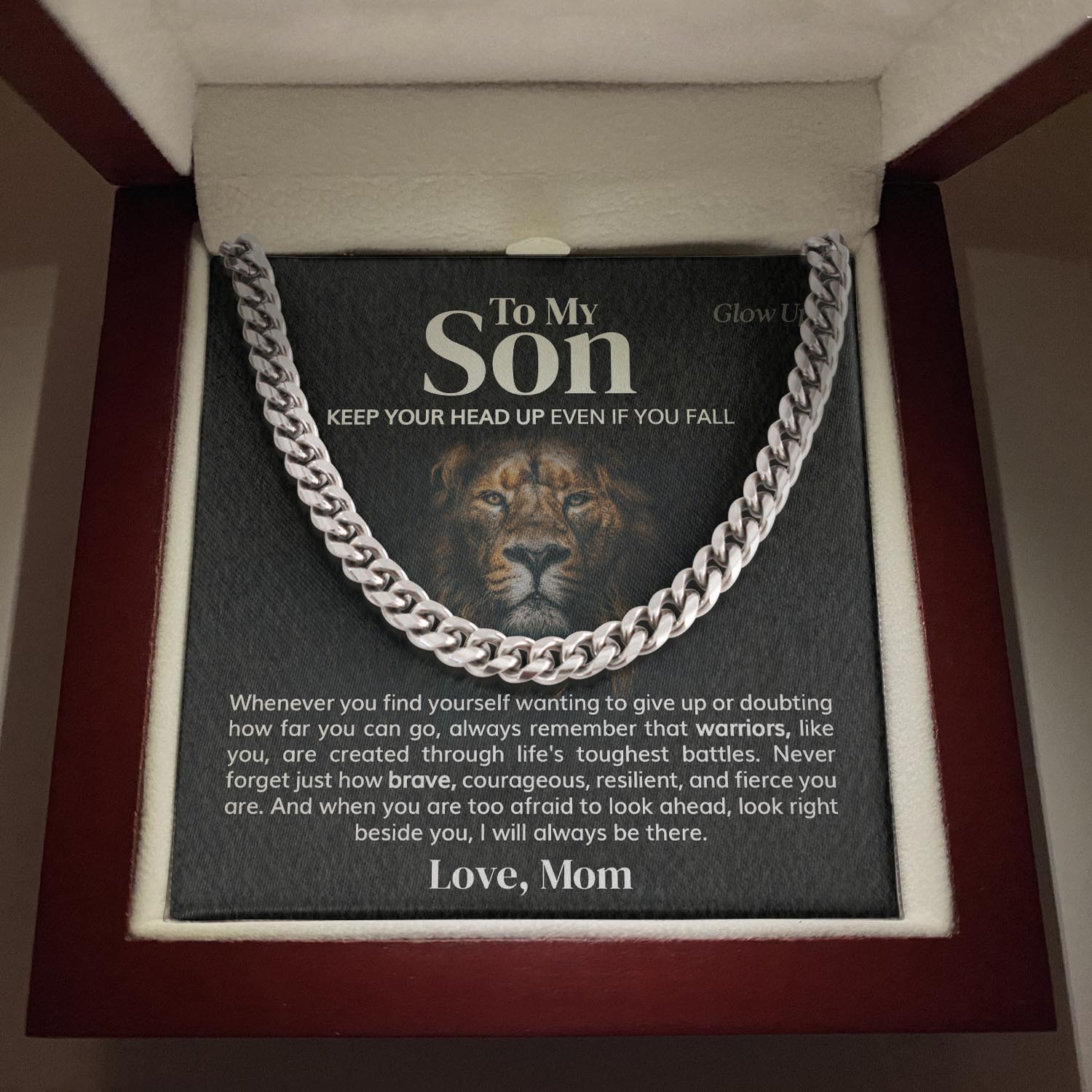 GlowUp 316L Stainless Steel / Luxury LED Box To My Son - Keep your head up even if you fall - Cuban Link Chain Necklace
