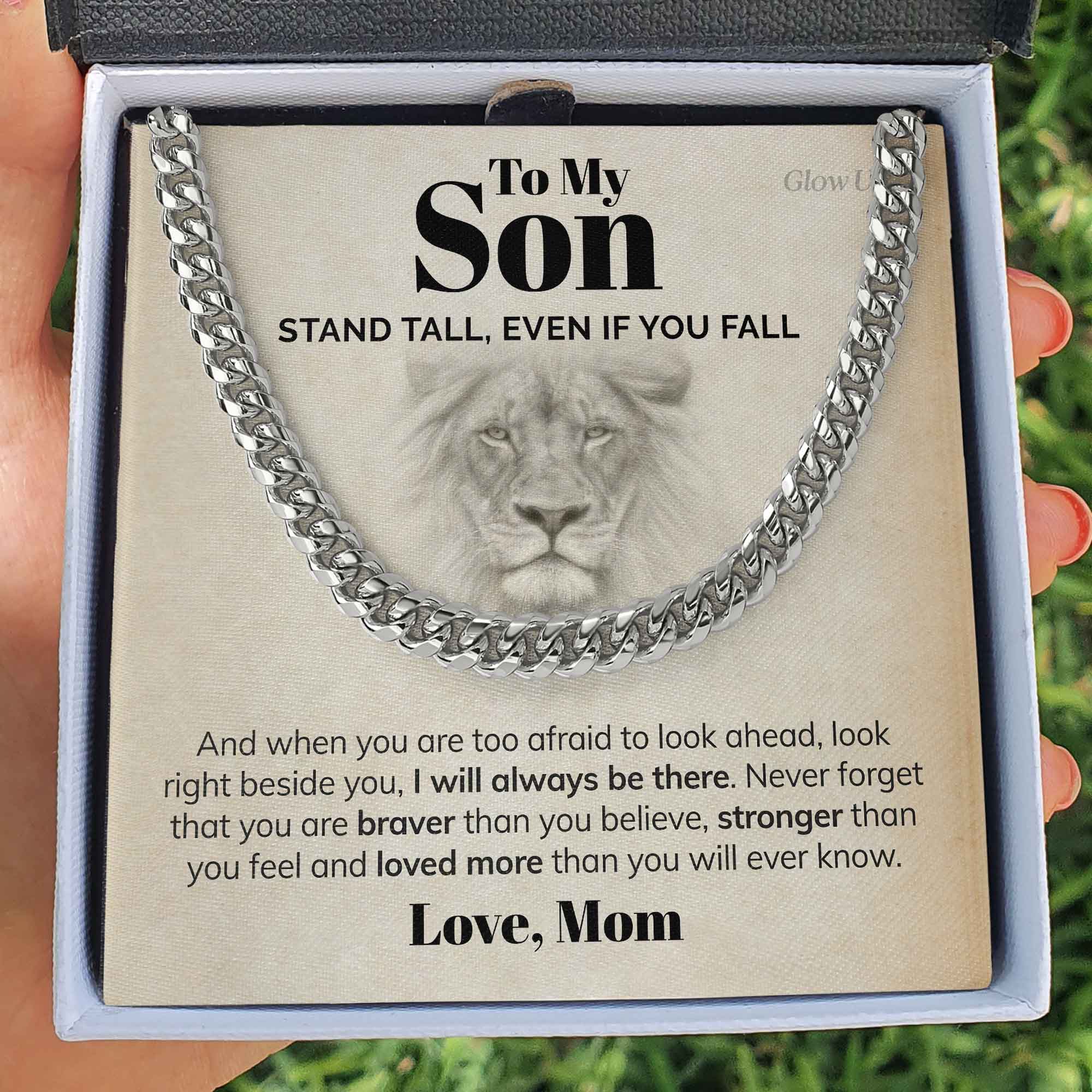 GlowUp 316L Stainless Steel / Two-Toned Box To my Son - Stand Tall - Cuban Link Chain Necklace