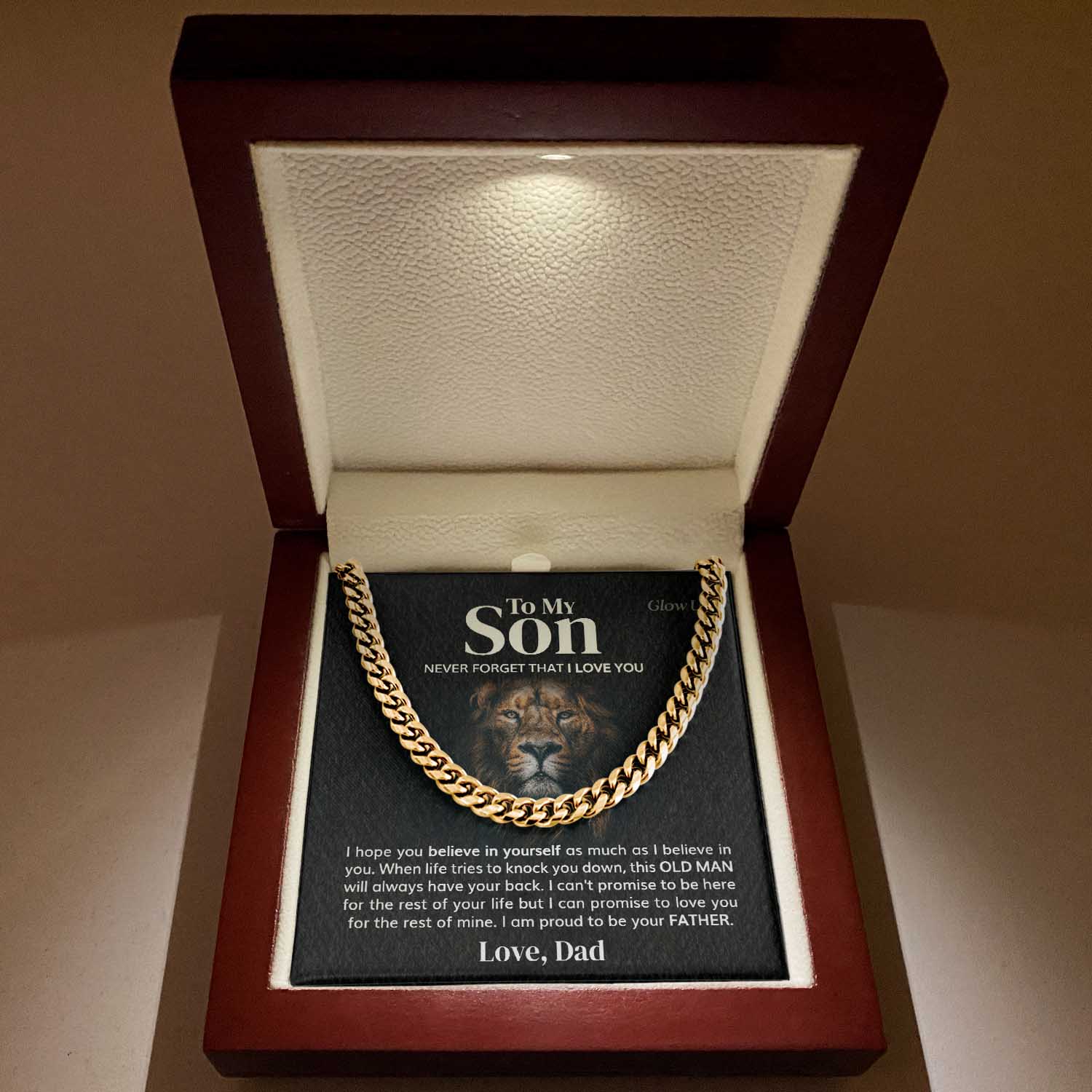 GlowUp Cuban Link Chain 18k Gold Finish / Luxury LED Box Believe in Yourself Cuban Chain Necklace | Strengthen Dad-Son Bond