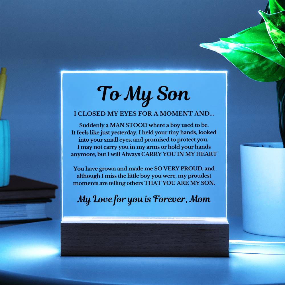 ShineOn Fulfillment Acrylic Wooden LED Base To my Son from Mom - So Very Proud - Square Acrylic Plaque