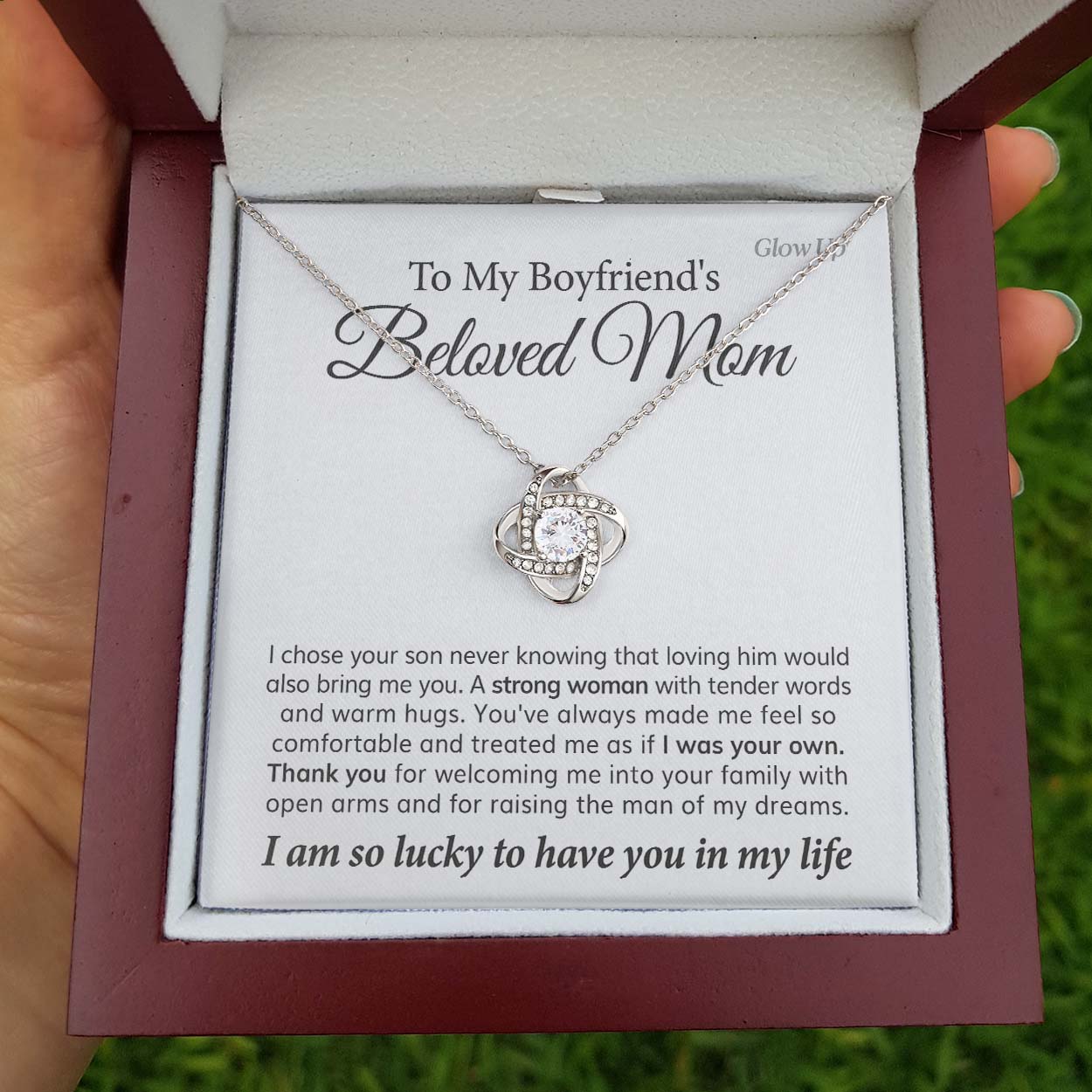 ShineOn Fulfillment Jewelry 14K White Gold Finish / Luxury Box To My Boyfriend's Mom -  Thank You - Love Knot Necklace