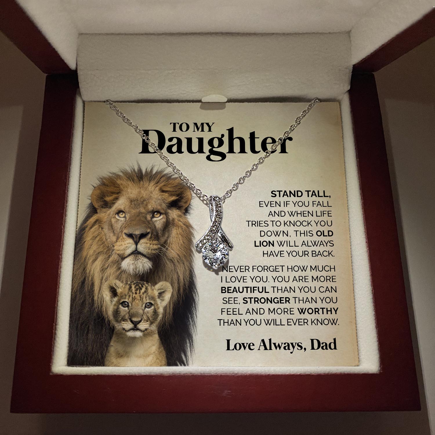 ShineOn Fulfillment Jewelry 14K White Gold Finish / Luxury LED Box To my Daughter from Dad - Stand tall - Ribbon Necklace