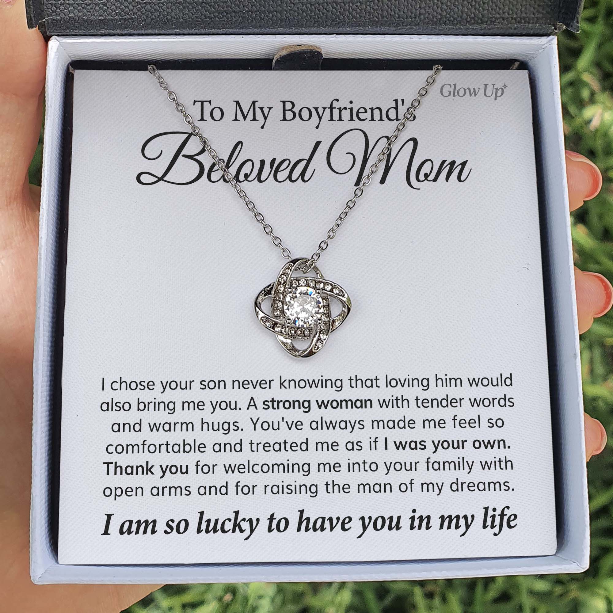 ShineOn Fulfillment Jewelry 14K White Gold Finish / Standard Box To My Boyfriend's Mom -  Thank You - Love Knot Necklace