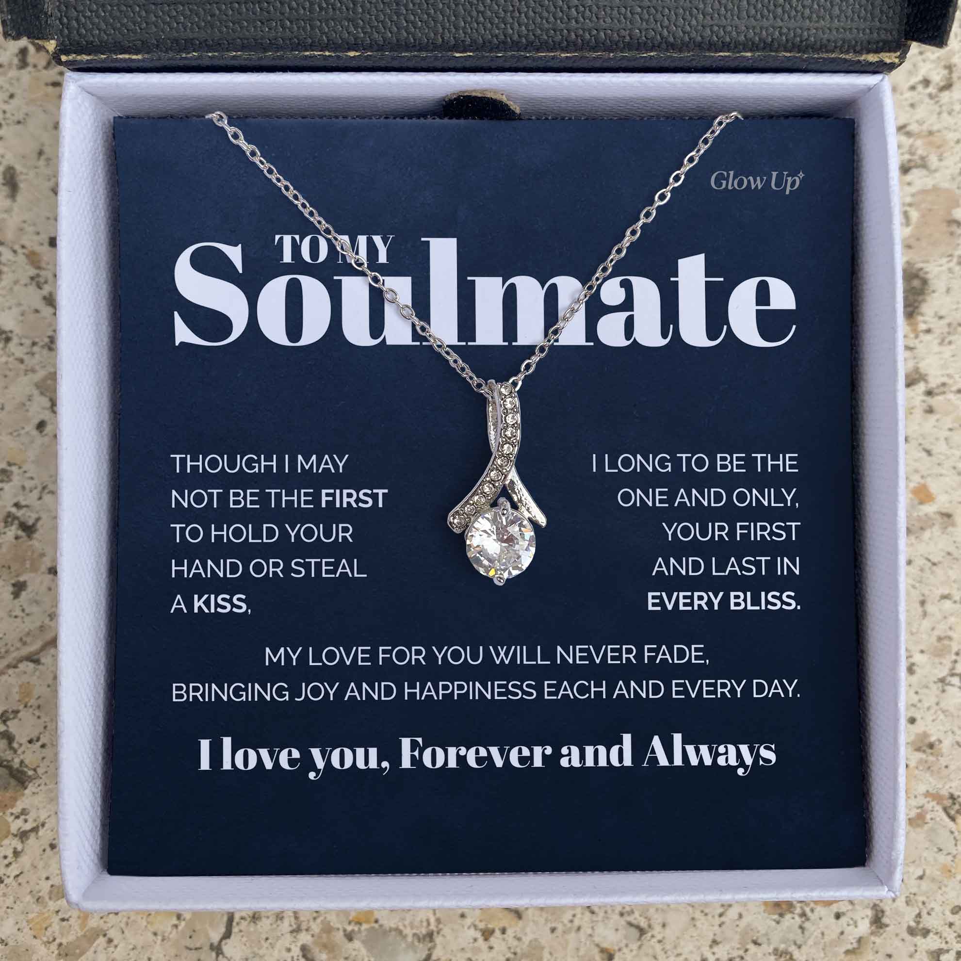 ShineOn Fulfillment Jewelry 14K White Gold Finish / Two-Toned Box To My Soulmate - My love will never fade - Ribbon necklace