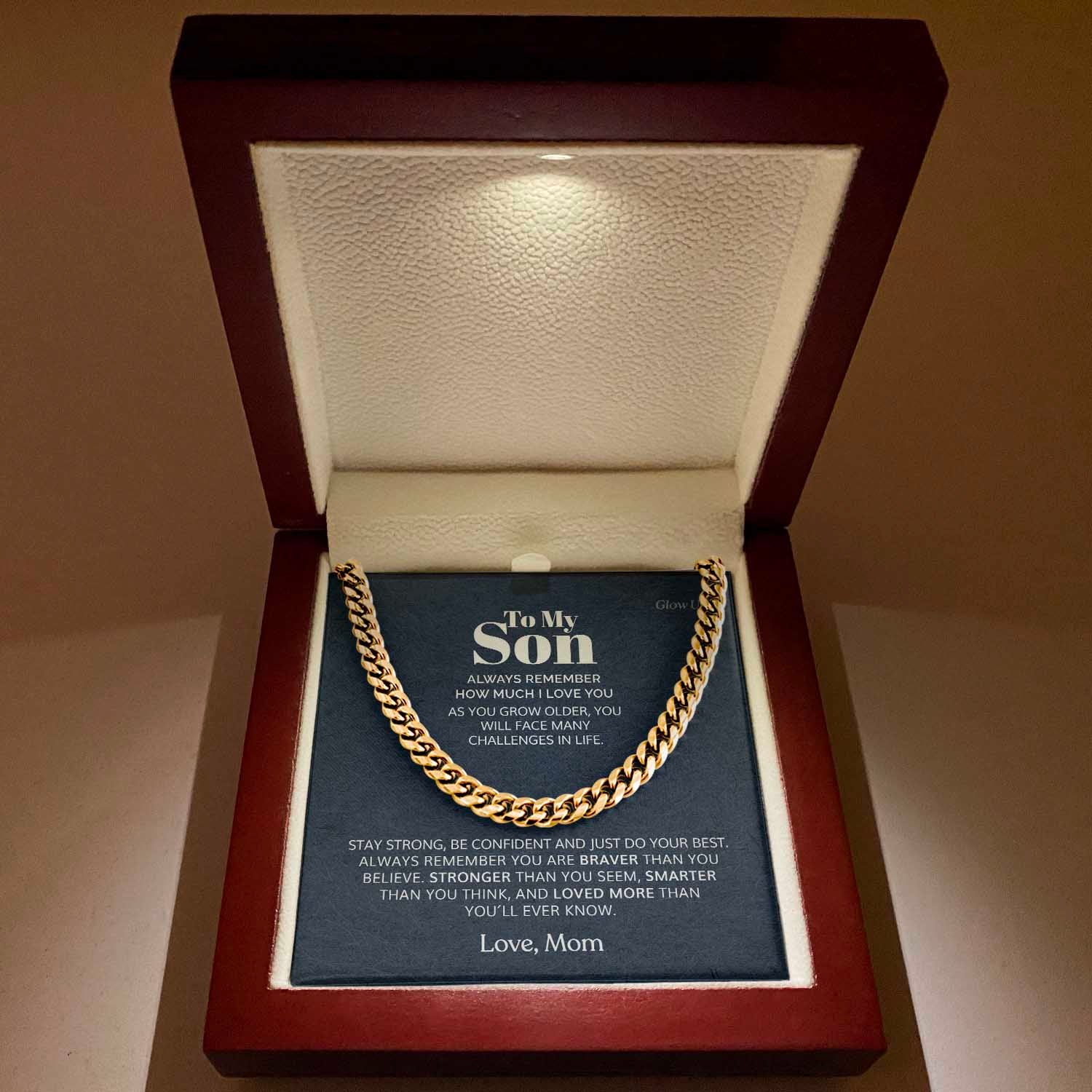 ShineOn Fulfillment Jewelry 14K Yellow Gold Finish / Luxury LED Box To my Son - Braver than you believe - Cuban Link Chain
