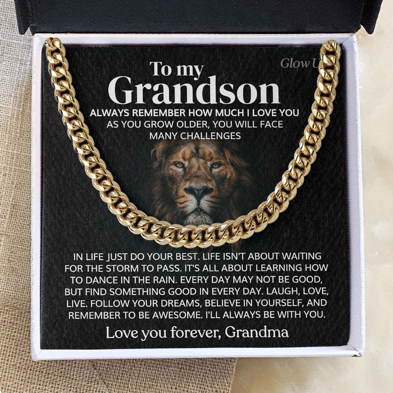 ShineOn Fulfillment Jewelry 14K Yellow Gold Finish / Twd-Toned Box To my Grandson - In life just do your best - Cuban LInk Chain