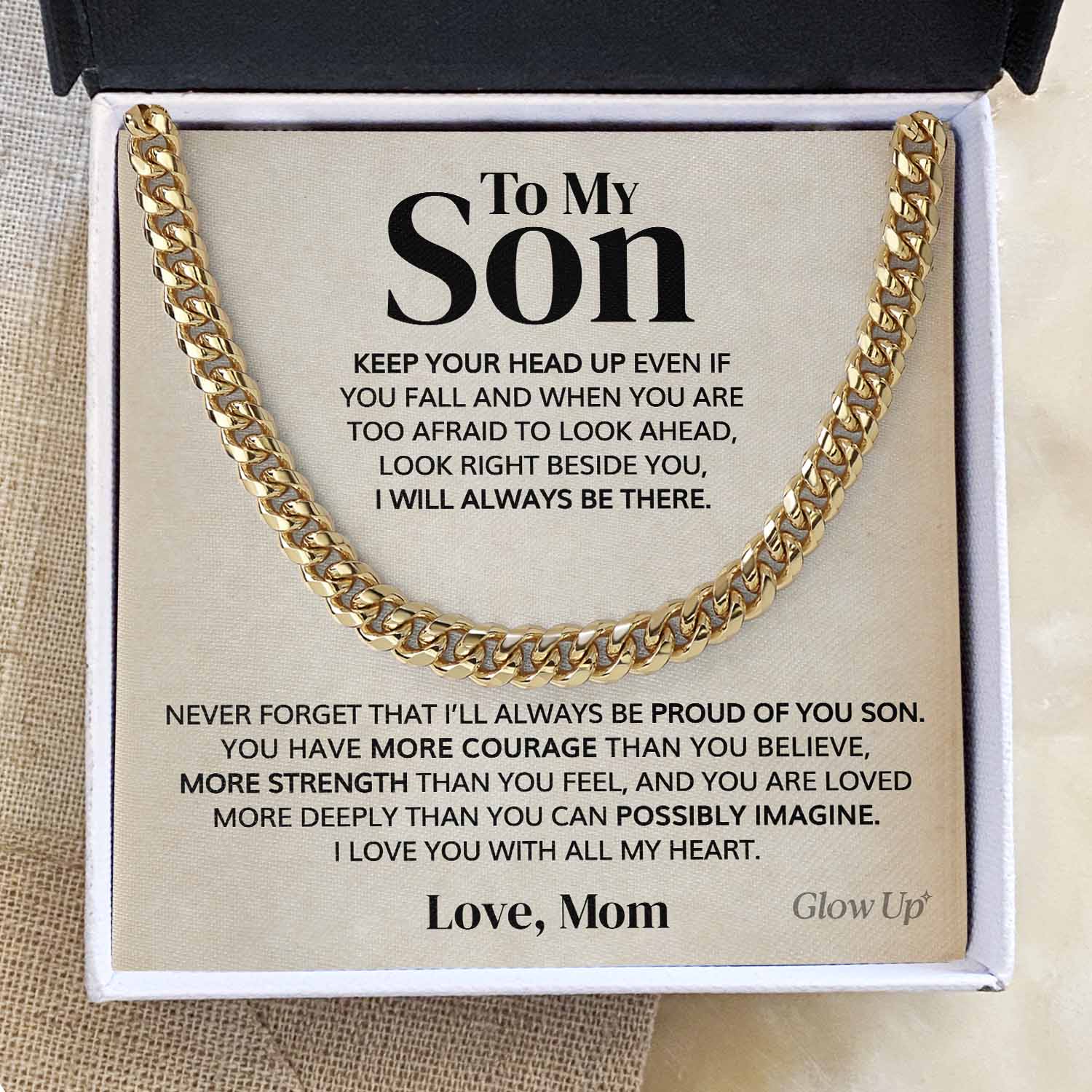 ShineOn Fulfillment Jewelry 14K Yellow Gold Finish / Two-Toned Box To my Son - Keep your head up - Cuban Link Chain Necklace