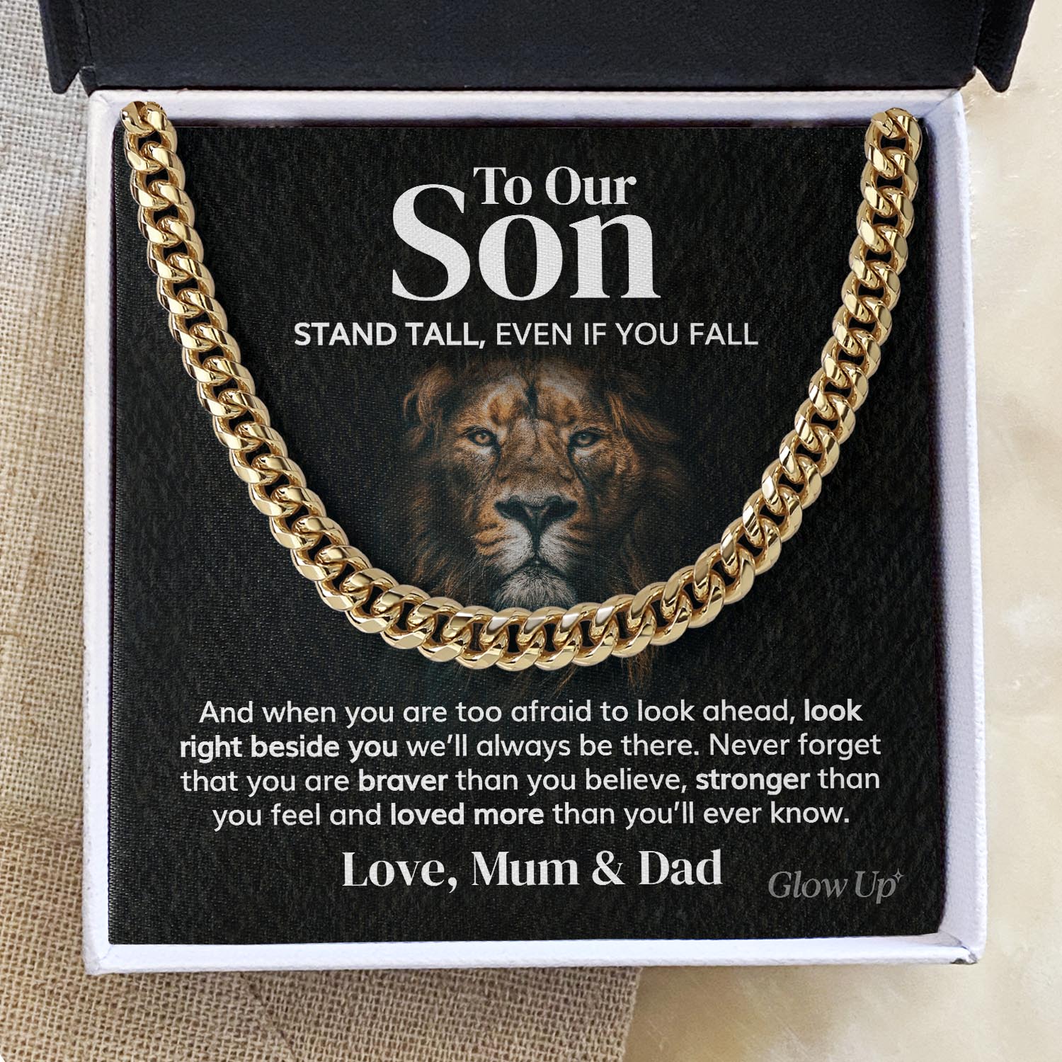 ShineOn Fulfillment Jewelry 14K Yellow Gold Finish / Two-Toned Box To Our Son from Mum and Dad - Stand tall - Cuban Link