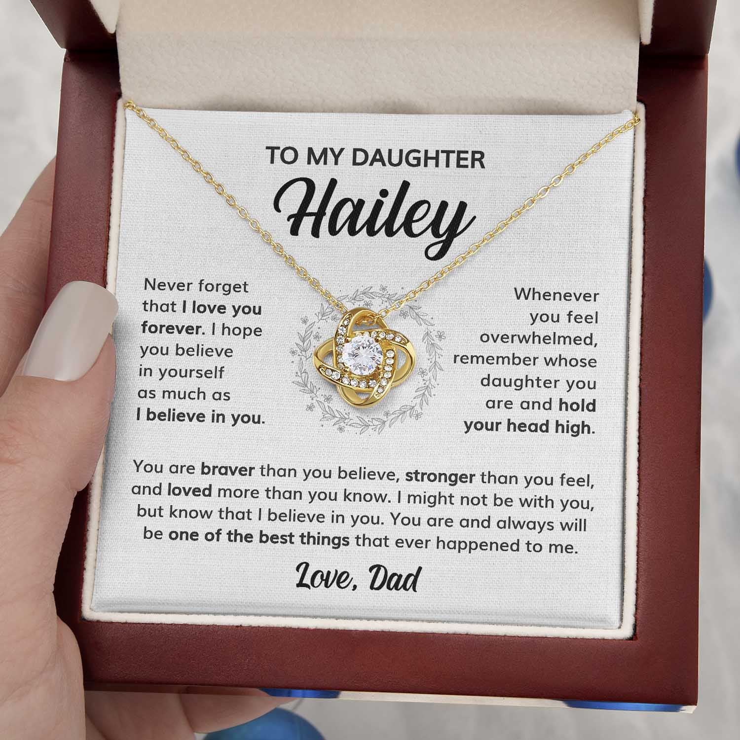 ShineOn Fulfillment Jewelry 18K Yellow Gold Finish / Luxury Box To my Daughter Custom Message Card - Hold your Head High - Love Knot