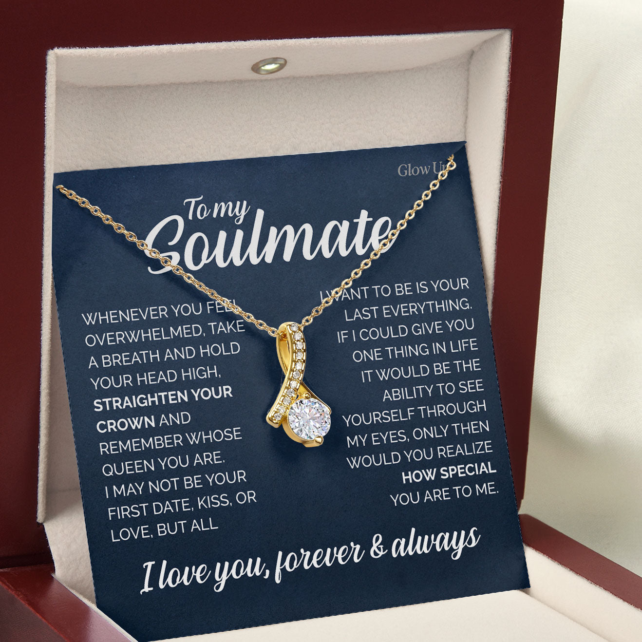 ShineOn Fulfillment Jewelry 18K Yellow Gold Finish / Luxury LED Box To my Soulmate - You are my Queen - Ribbon Necklace