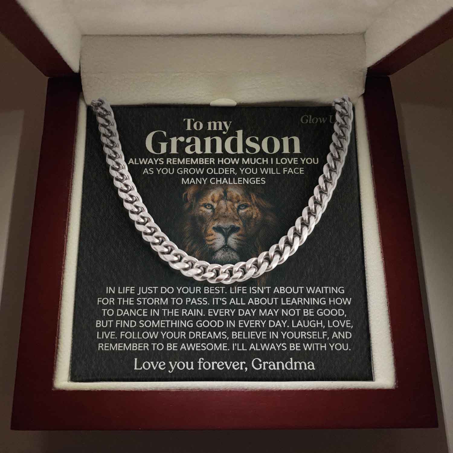ShineOn Fulfillment Jewelry 316L Stainless Steel / Luxury LED Box To my Grandson - In life just do your best - Cuban LInk Chain