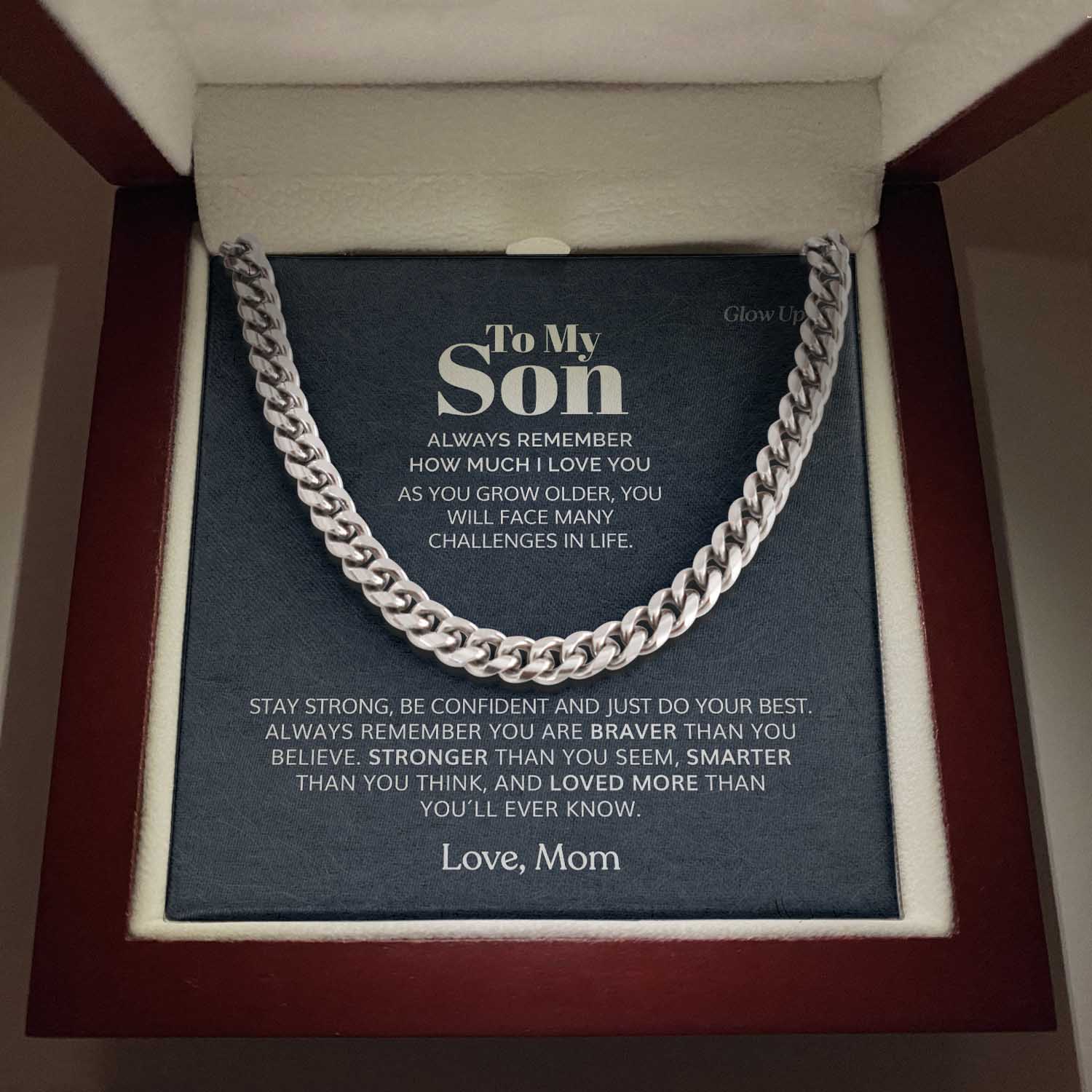 ShineOn Fulfillment Jewelry 316L Stainless Steel / Luxury LED Box To my Son - Braver than you believe - Cuban Link Chain