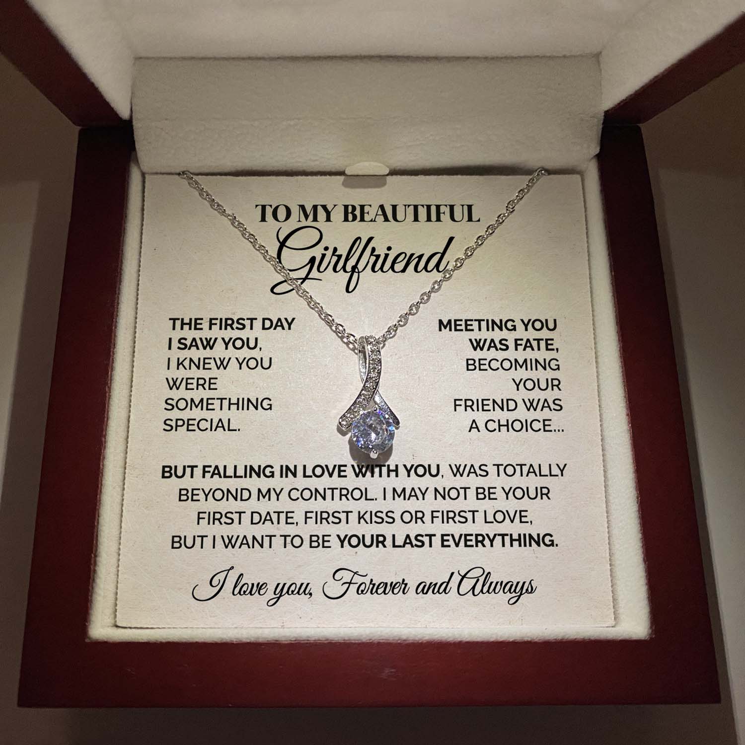 ShineOn Fulfillment Jewelry Mahogany Style Luxury Box (w/LED) To My Beautiful Girlfriend - The First Day I Saw You - Ribbon Necklace