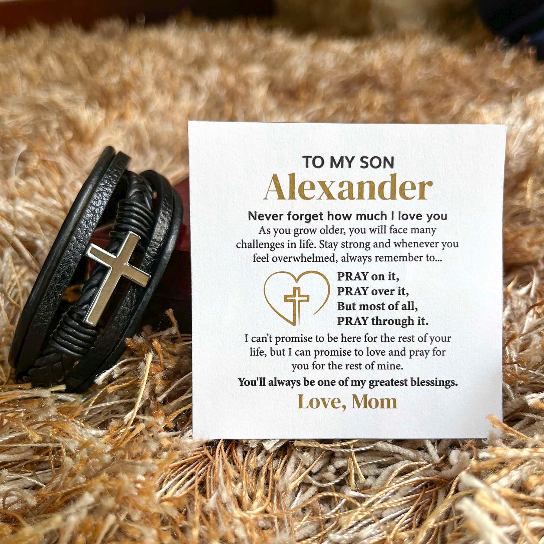 shineon Jewelry To my Son Custom Message Card - Pray on it - Men's Cross Bracelet