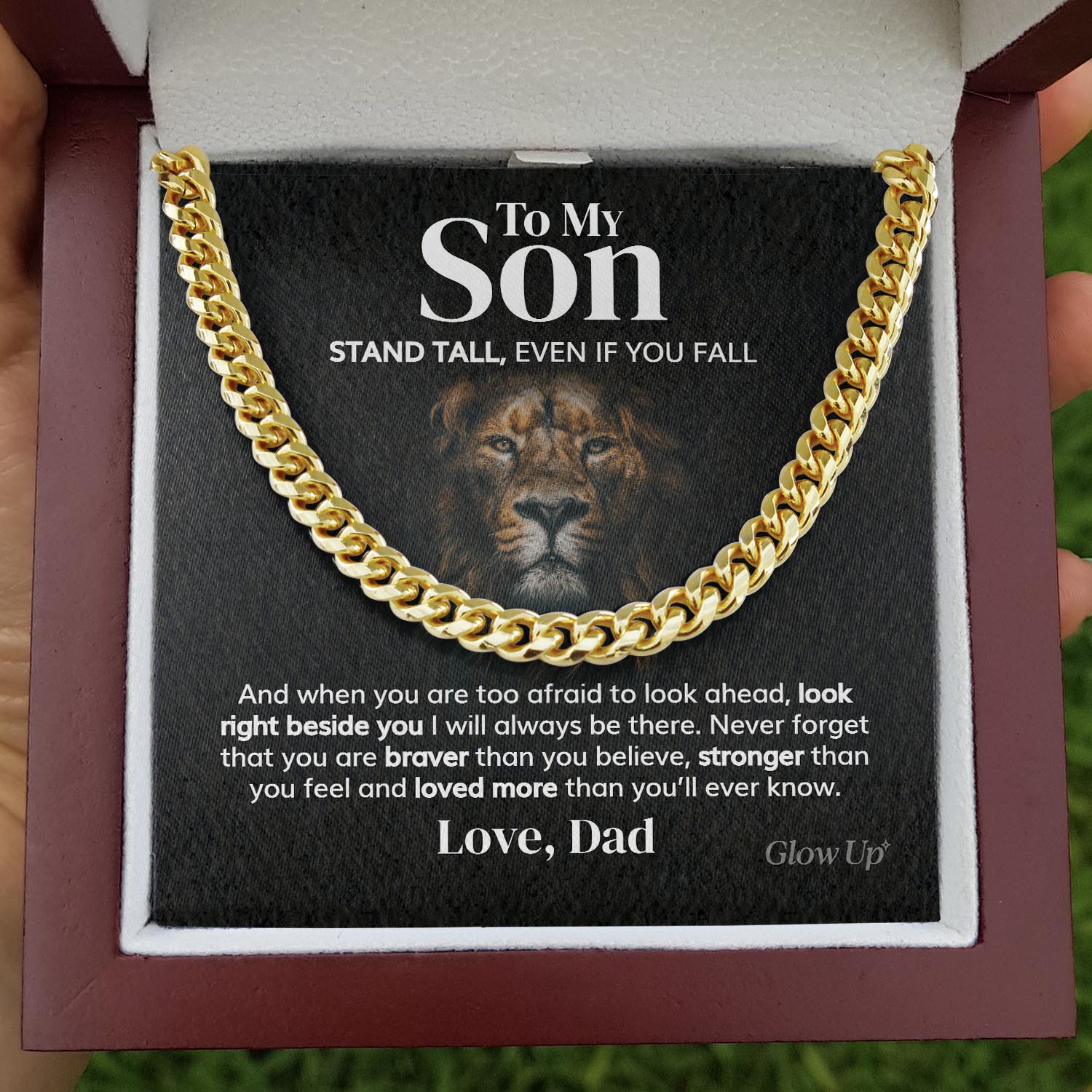 Glow Up Cuban Link Chain 18k Gold Over Stainless Steel / Luxury LED Box To my Son from Dad - 5mm Cuban Link Chain - Stand Tall