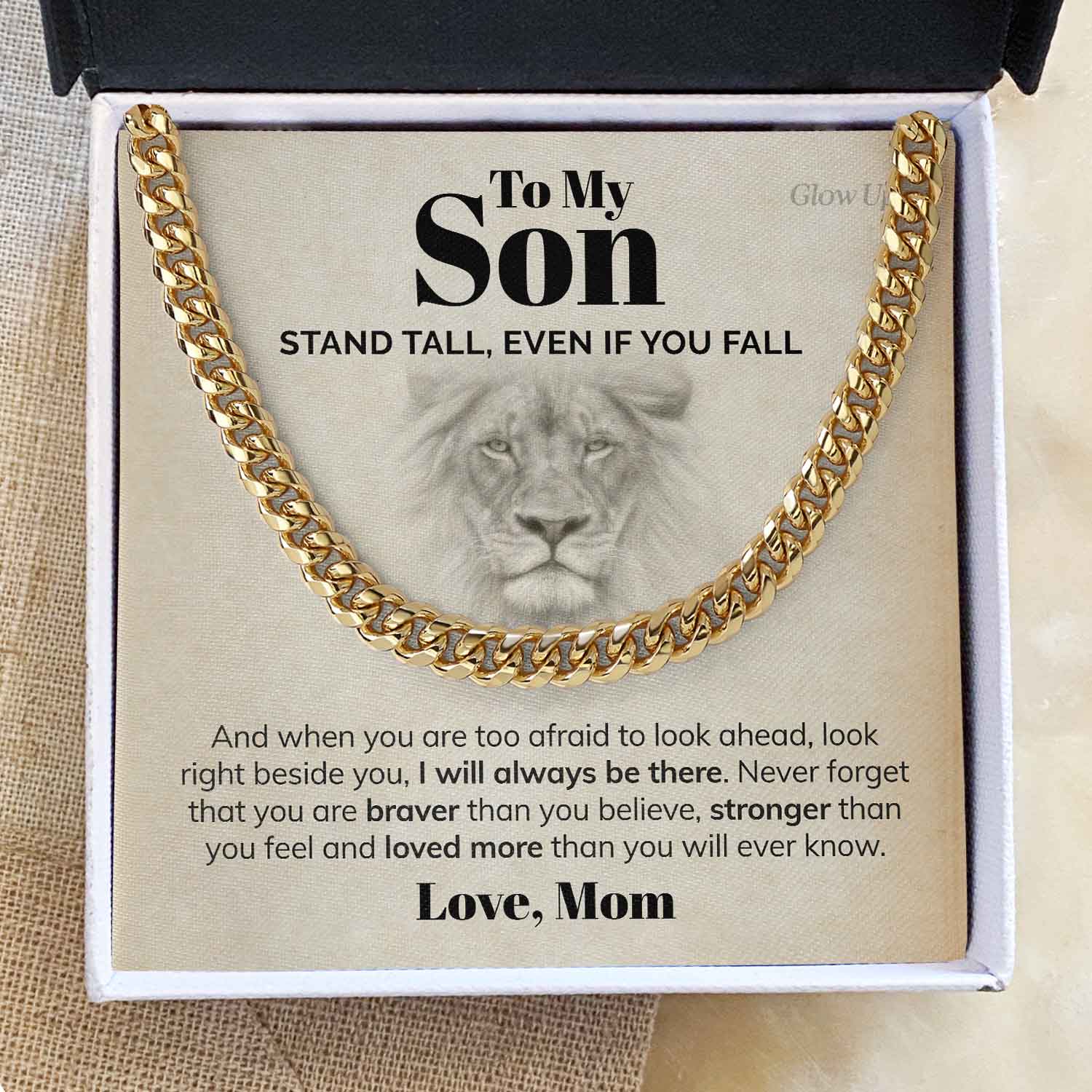 Glow Up Jewelry 14K Yellow Gold Finish / Two-Toned Box To my Son - Stand Tall - Necklace Cuban Link Chain