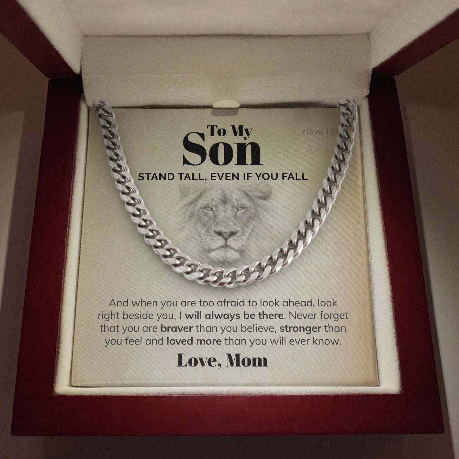 Glow Up Jewelry 316L Stainless Steel / Luxury LED Box To my Son - Stand Tall - Necklace Cuban Link Chain