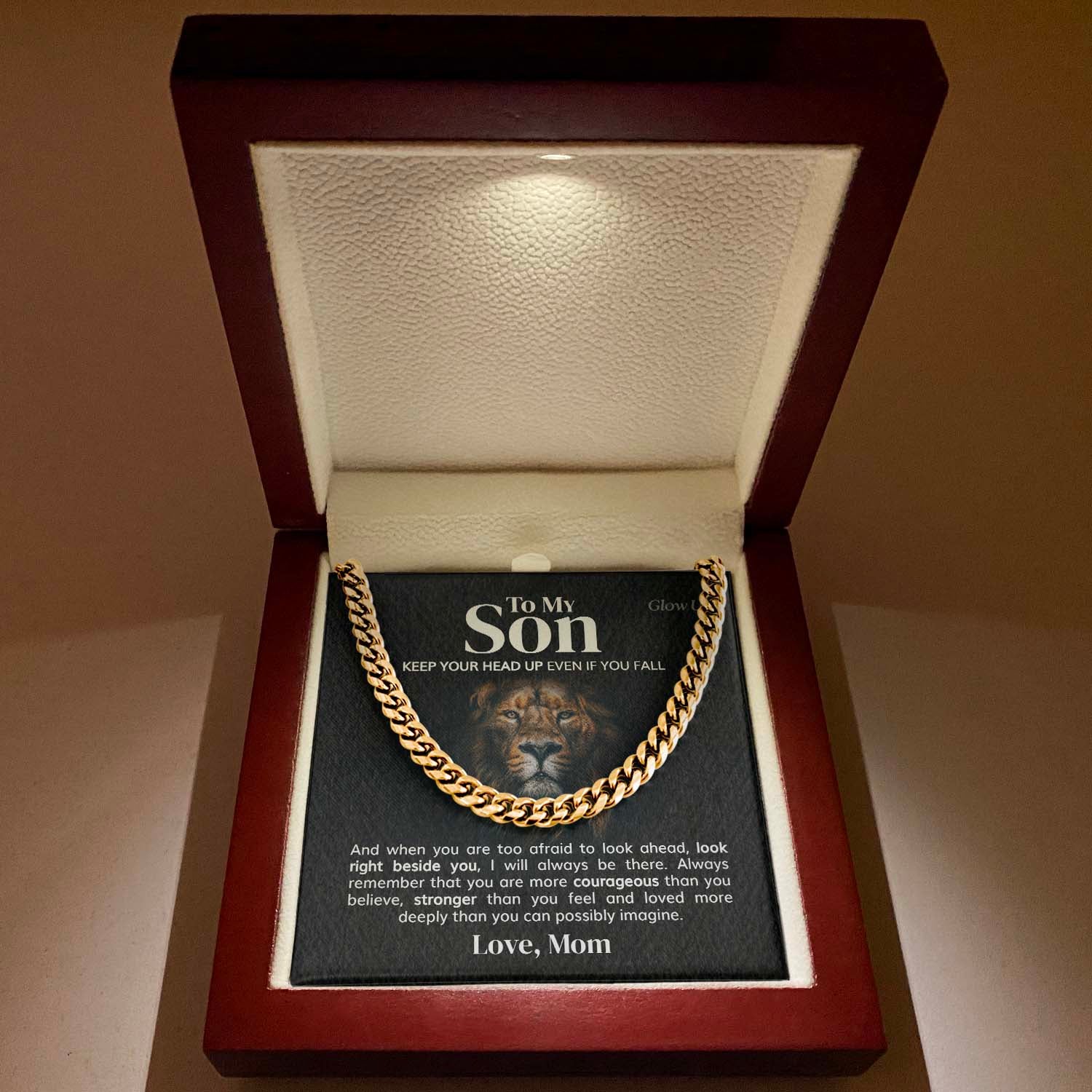 GlowUp 18k Gold Finish / Luxury LED Box To my Son from Mom - Keep your head up - Cuban Link Chain