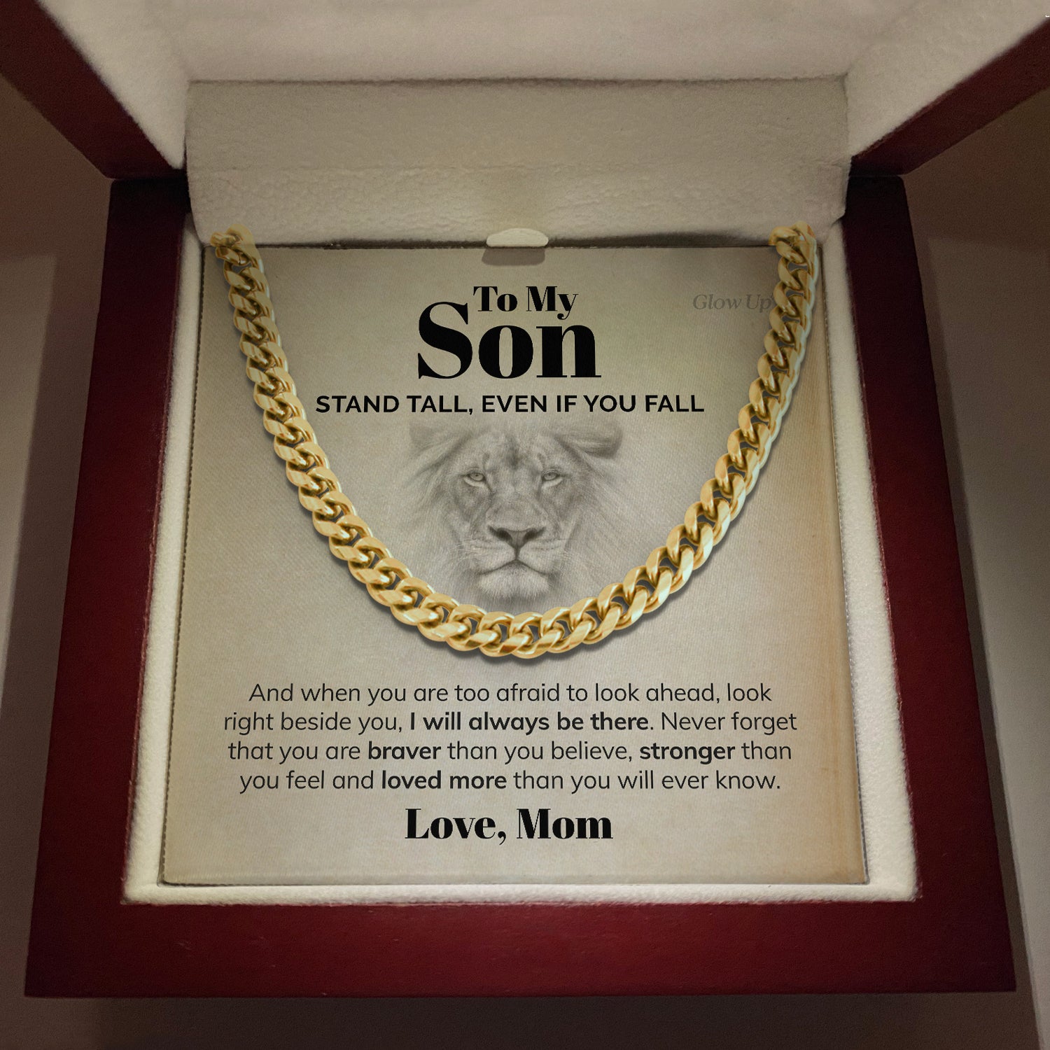 GlowUp 18k Gold Finish / Luxury LED Box To my Son - Stand Tall - Cuban Link Chain Necklace