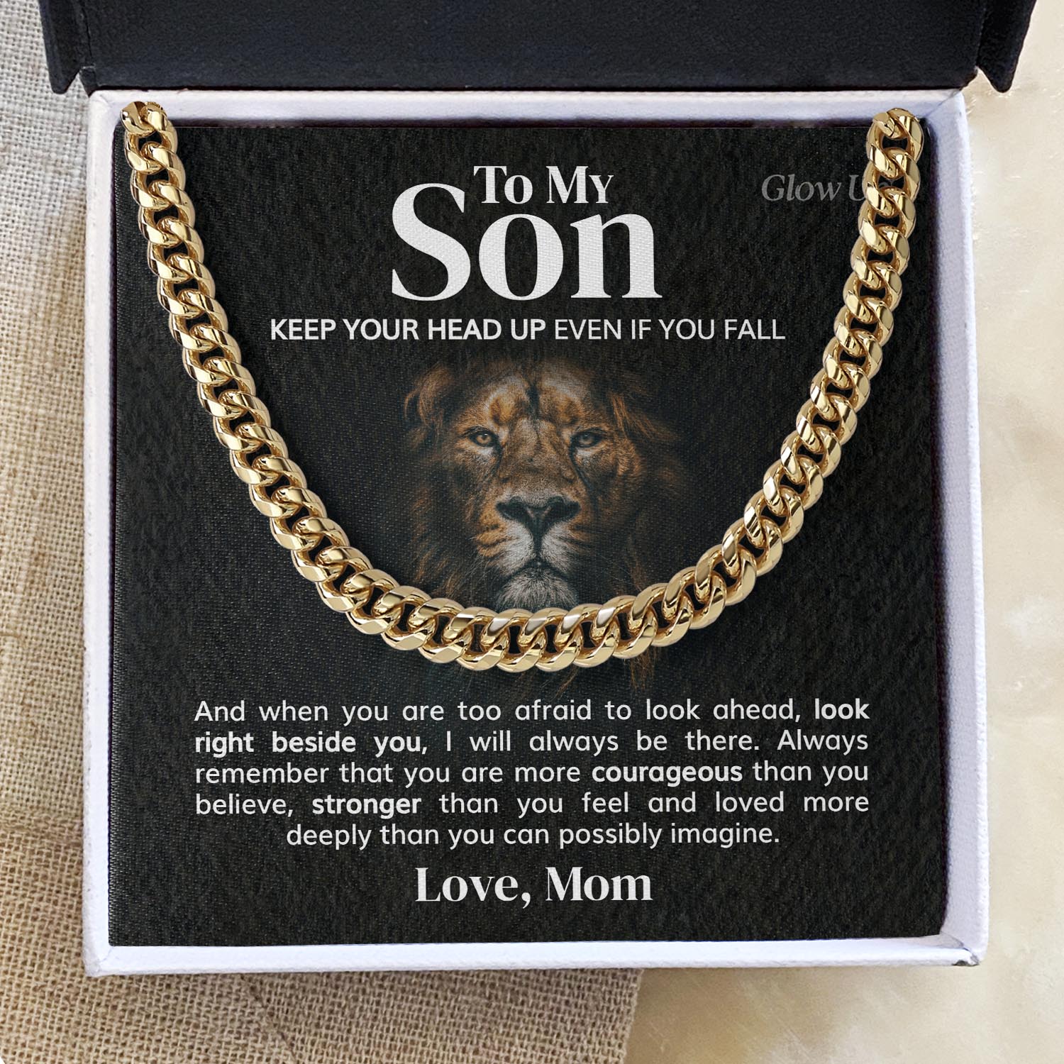 GlowUp 18k Gold Finish / Two-Toned Box To my Son from Mom - Keep your head up - Cuban Link Chain