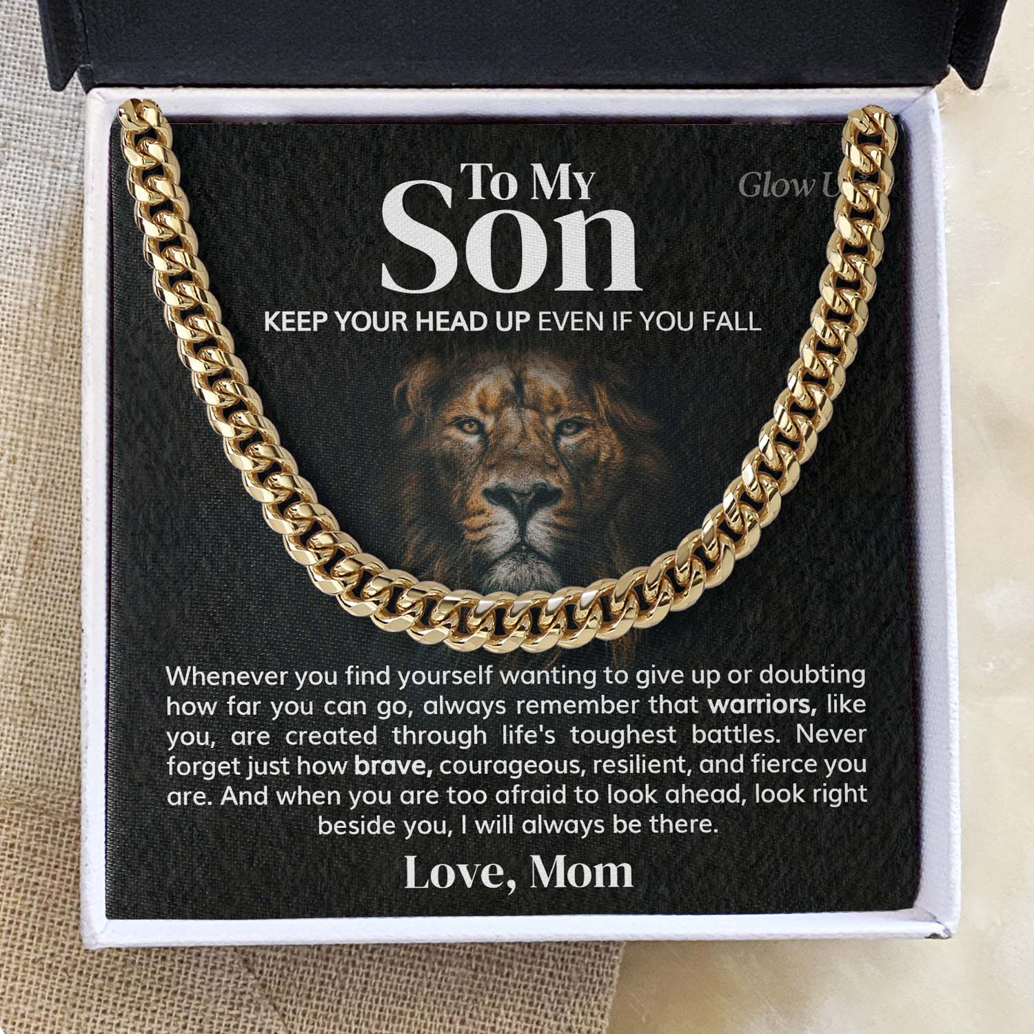 GlowUp 18k Gold Finish / Two-Toned Box To My Son - Keep your head up even if you fall - Cuban Link Chain Necklace