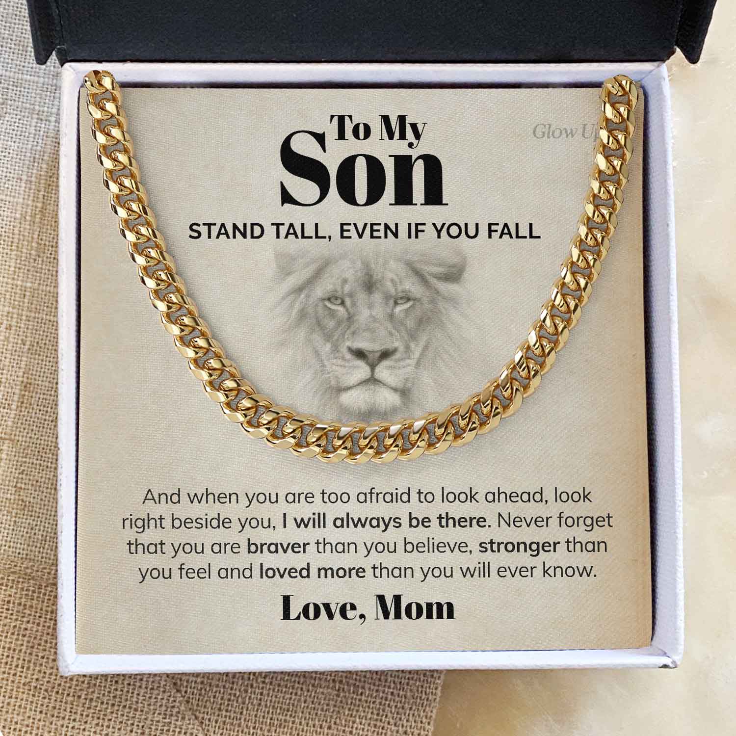 GlowUp 18k Gold Finish / Two-Toned Box To my Son - Stand Tall - Cuban Link Chain Necklace