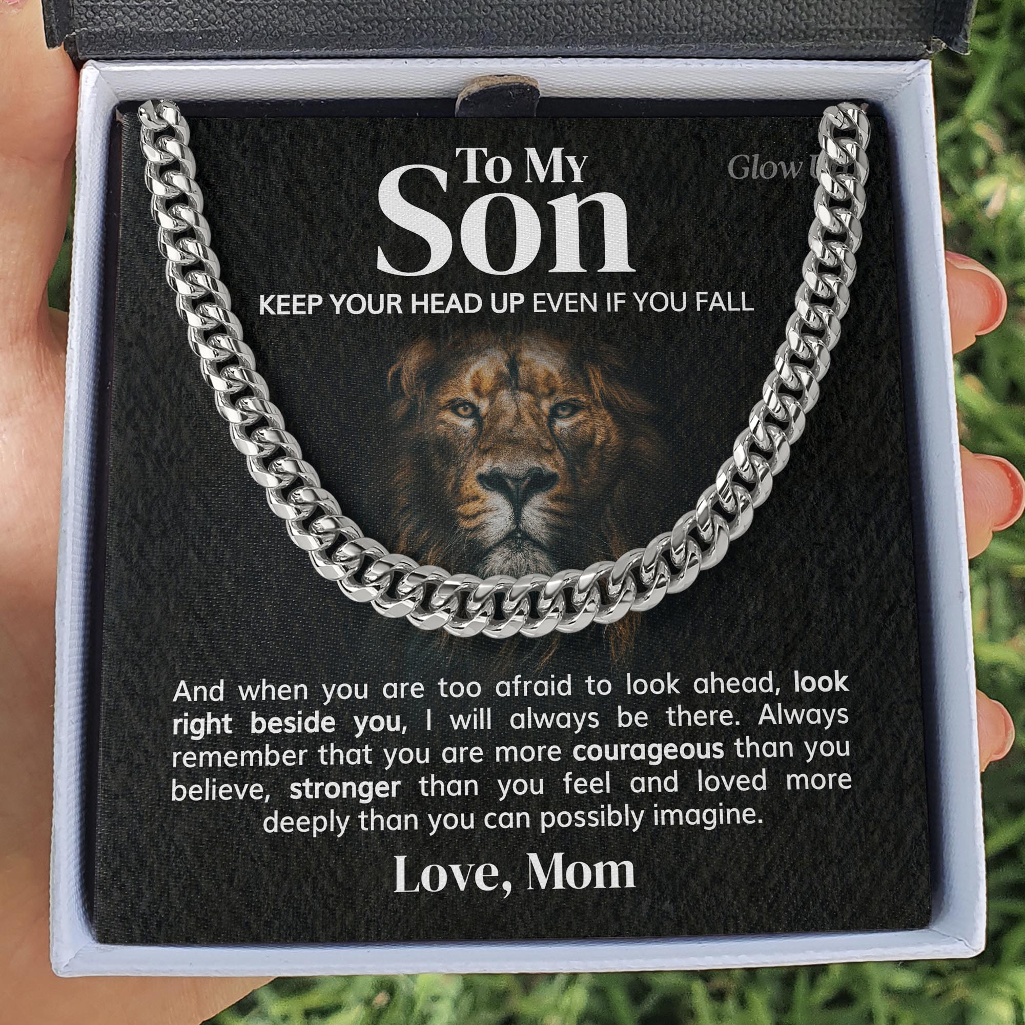 GlowUp 316L Stainless Steel / Two-Toned Box To my Son from Mom - Keep your head up - Cuban Link Chain
