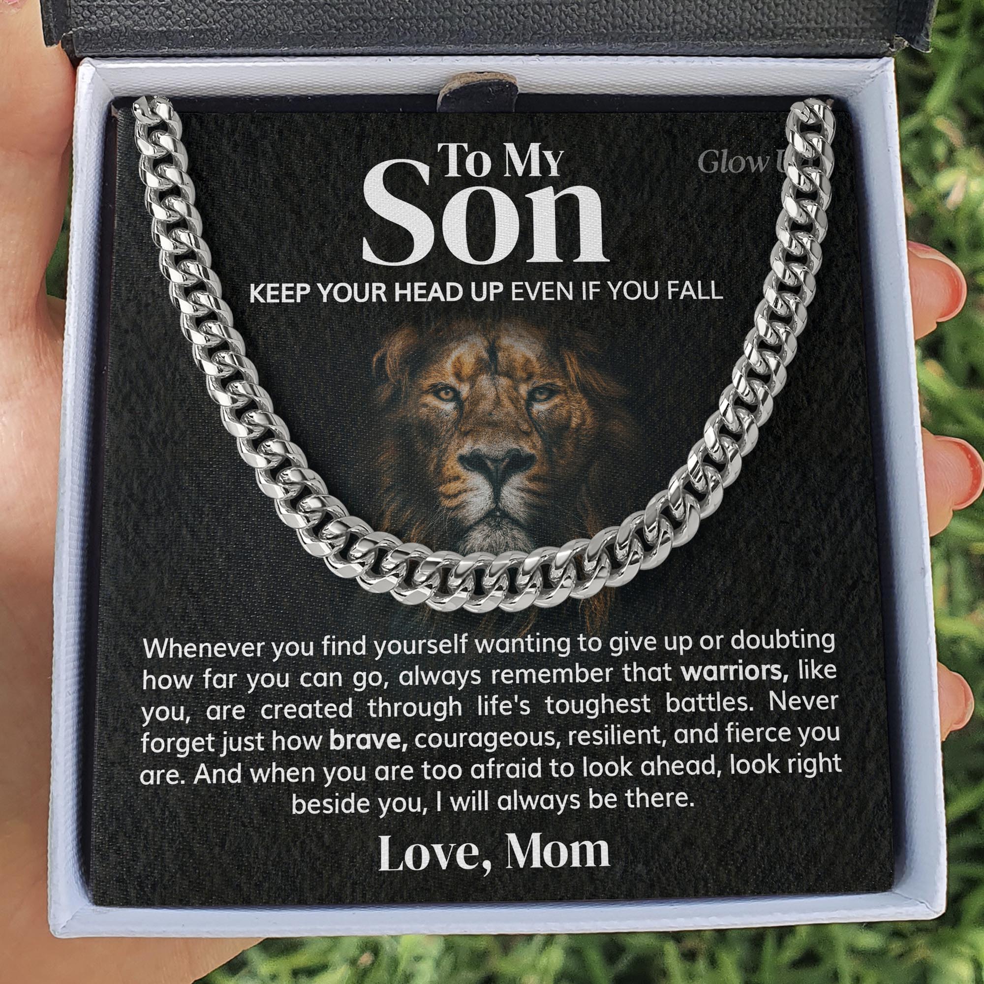 GlowUp 316L Stainless Steel / Two-Toned Box To My Son - Keep your head up even if you fall - Cuban Link Chain Necklace