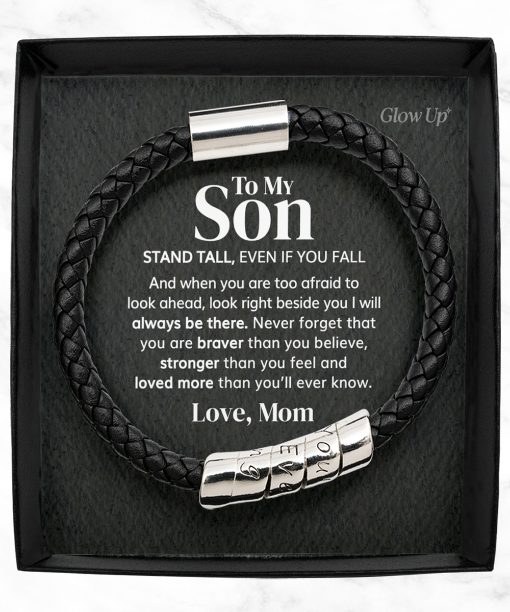 GlowUp Classic Jewelry Black Bracelet To my Son - Stand tall - Vegan Leather Bracelet