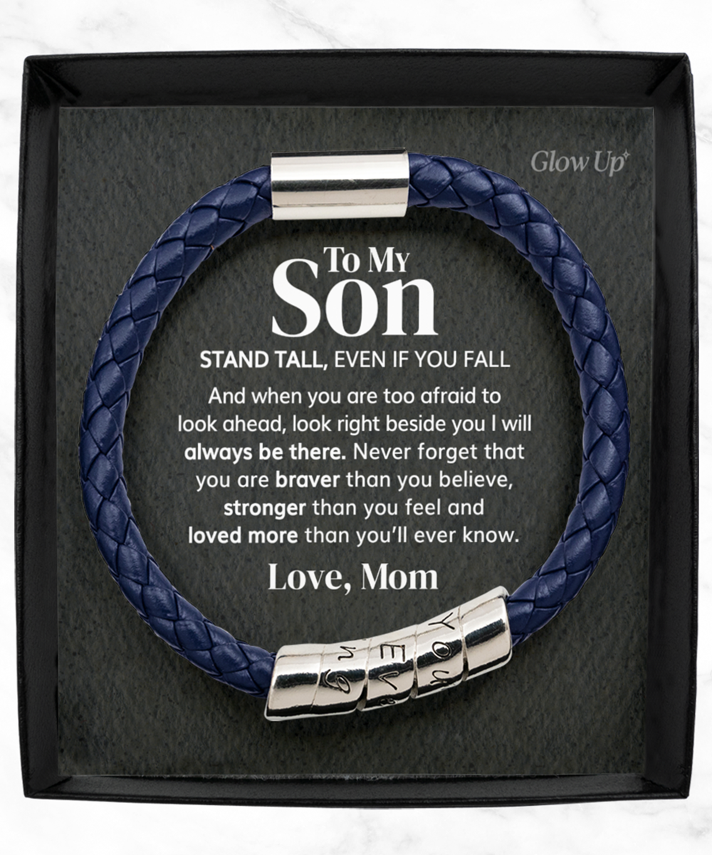 GlowUp Classic Jewelry Blue Bracelet To my Son - Stand tall - Vegan Leather Bracelet