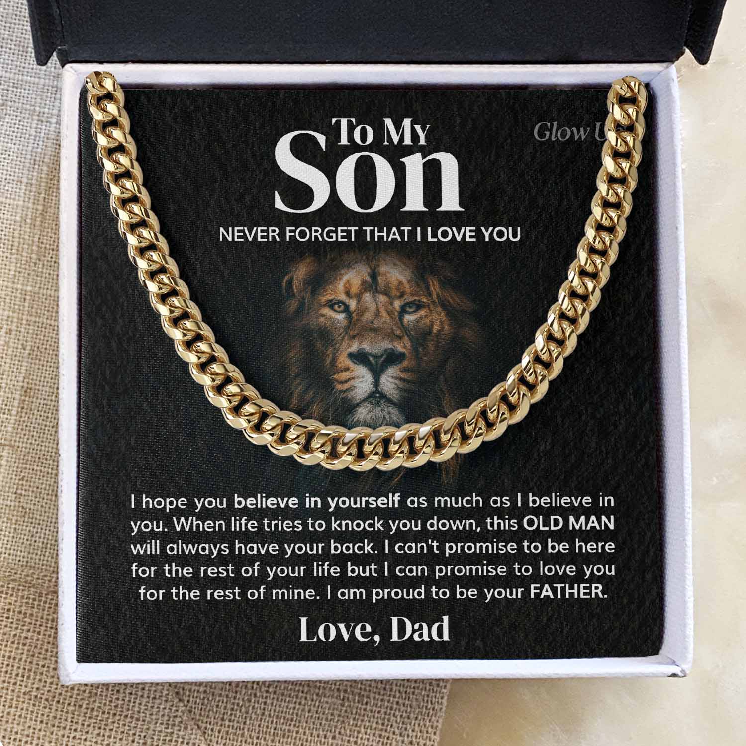 GlowUp Cuban Link Chain 18k Gold Finish / Two-Toned Box Believe in Yourself Cuban Chain Necklace | Strengthen Dad-Son Bond