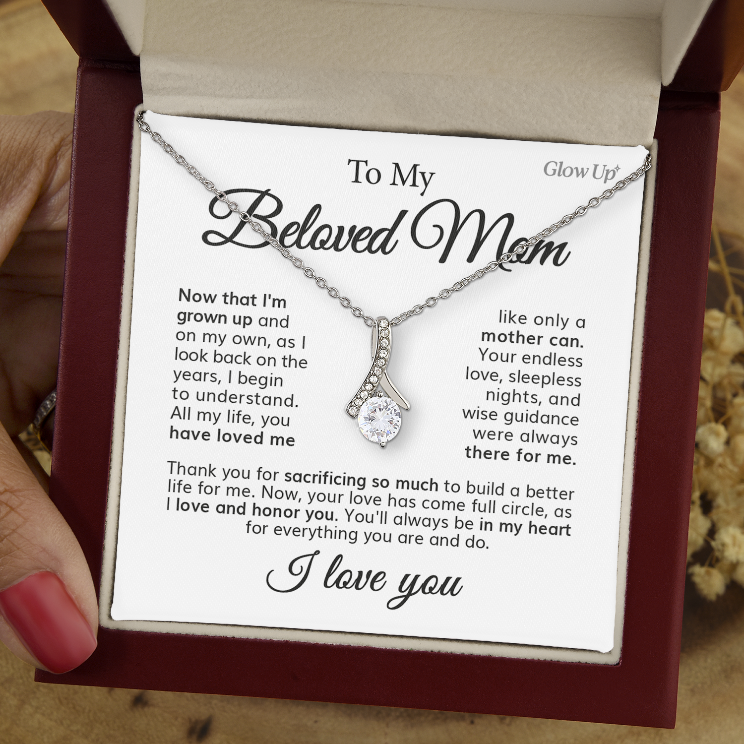 ShineOn Fulfillment Jewelry 14K White Gold Finish / Luxury Box To My Beloved Mom - Endless Love - Ribbon Necklace