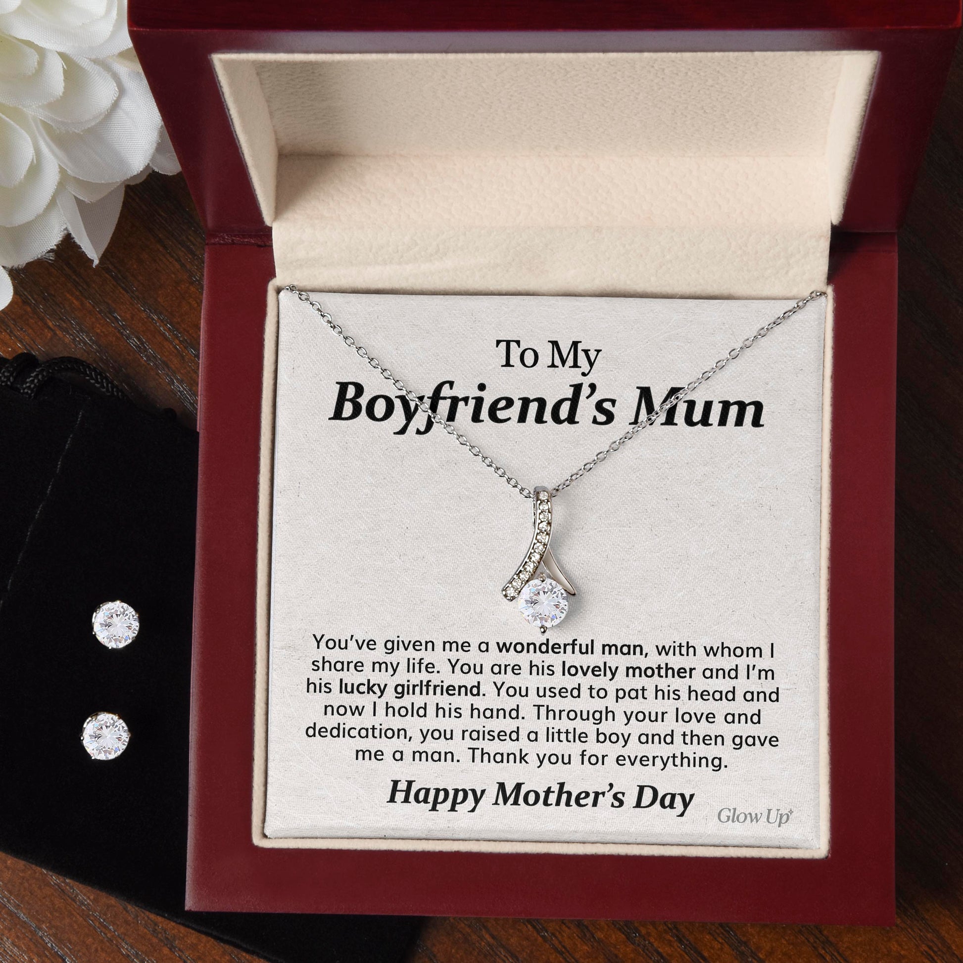 ShineOn Fulfillment Jewelry 14K White Gold Finish / Luxury Box To my Boyfriend's Mum - Ribbon Necklace + FREE Earrings Gift Set