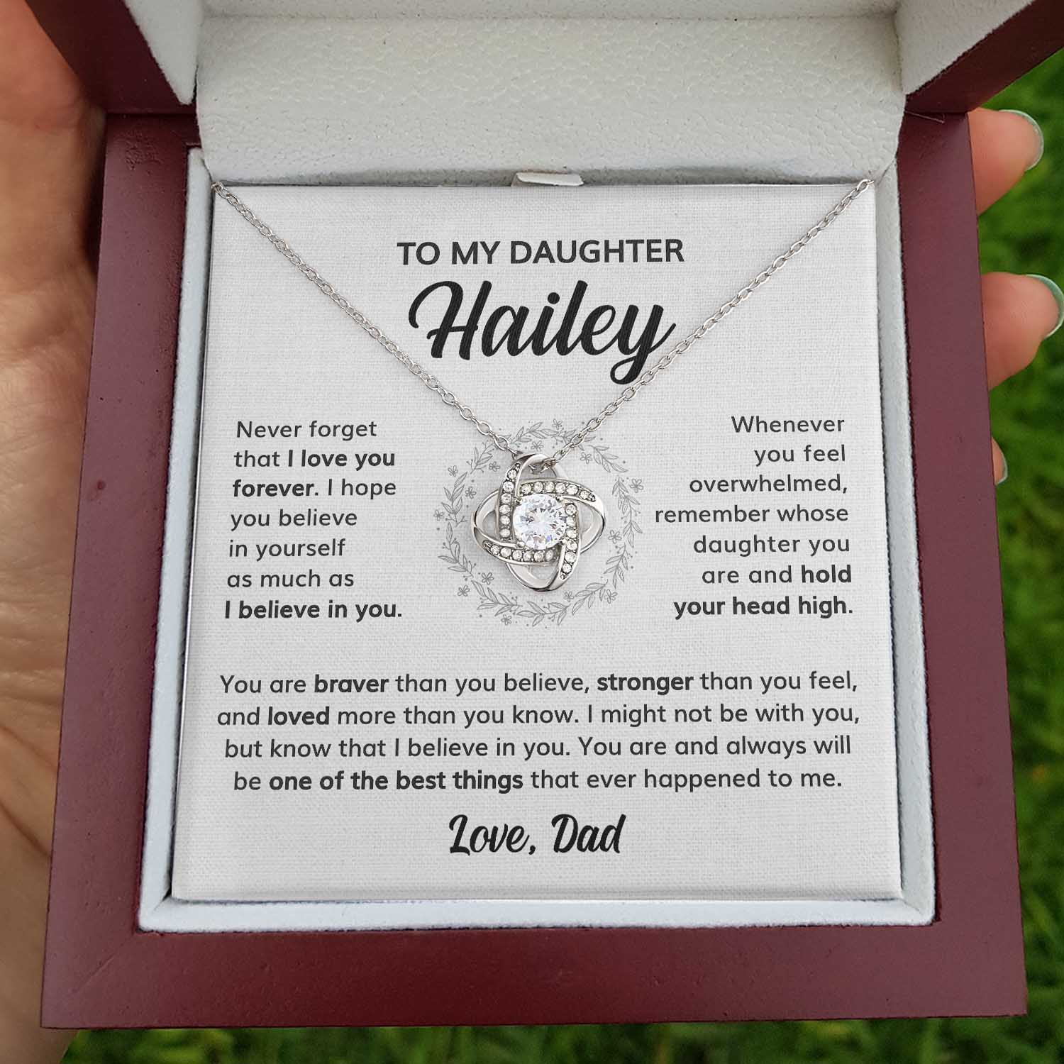 ShineOn Fulfillment Jewelry 14K White Gold Finish / Luxury Box To my Daughter Custom Message Card - Hold your Head High - Love Knot
