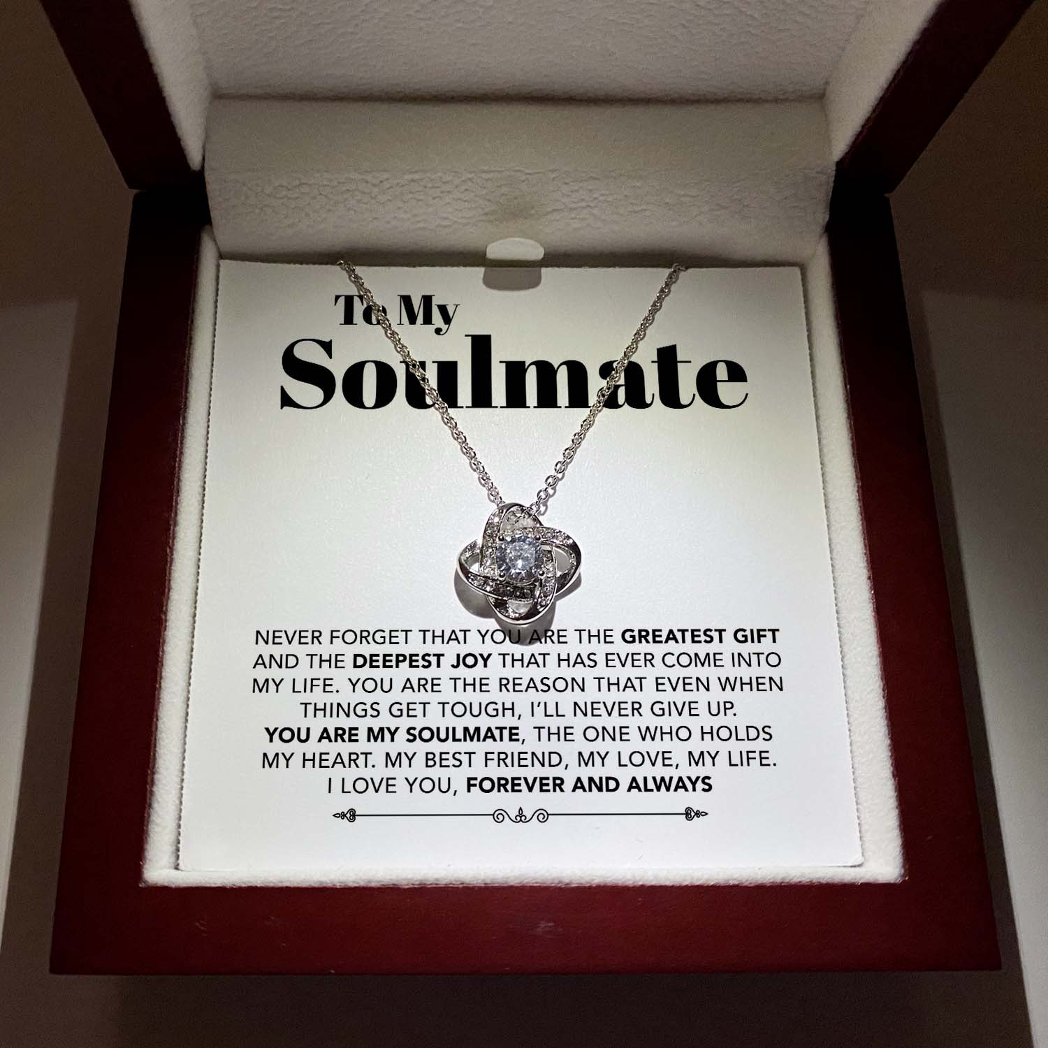 ShineOn Fulfillment Jewelry 14K White Gold Finish / Luxury Box To My Soulmate - My Love, My Life - Love Knot Necklace