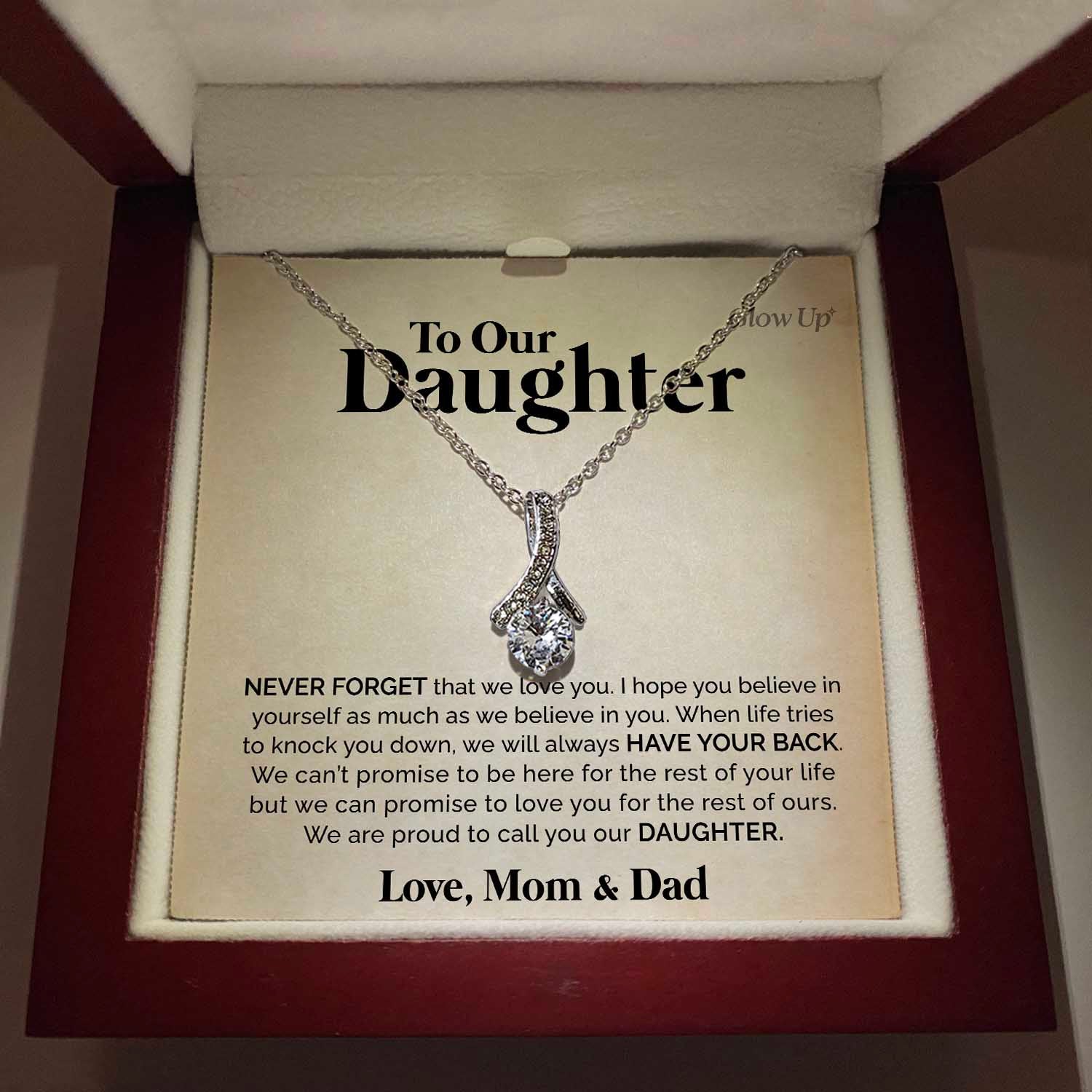 ShineOn Fulfillment Jewelry 14K White Gold Finish / Luxury Box To Our Daughter - Never Forget - Ribbon Necklace