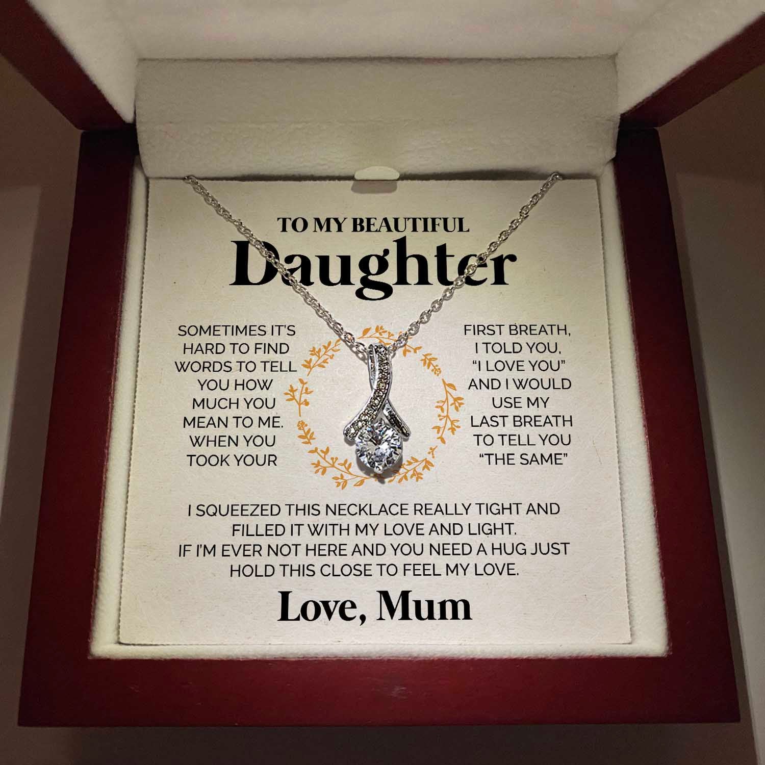 ShineOn Fulfillment Jewelry 14K White Gold Finish / Luxury LED Box To my Beautiful Daughter from Mum - I love you  - Ribbon Necklace