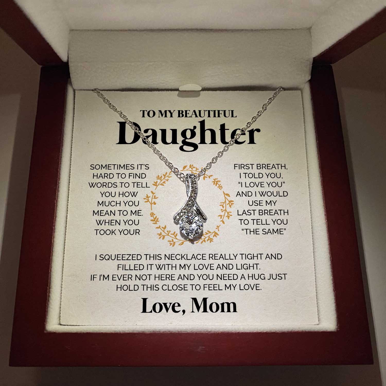 ShineOn Fulfillment Jewelry 14K White Gold Finish / Luxury LED Box To my Beautiful Daughter - I love you - Ribbon Neckalce