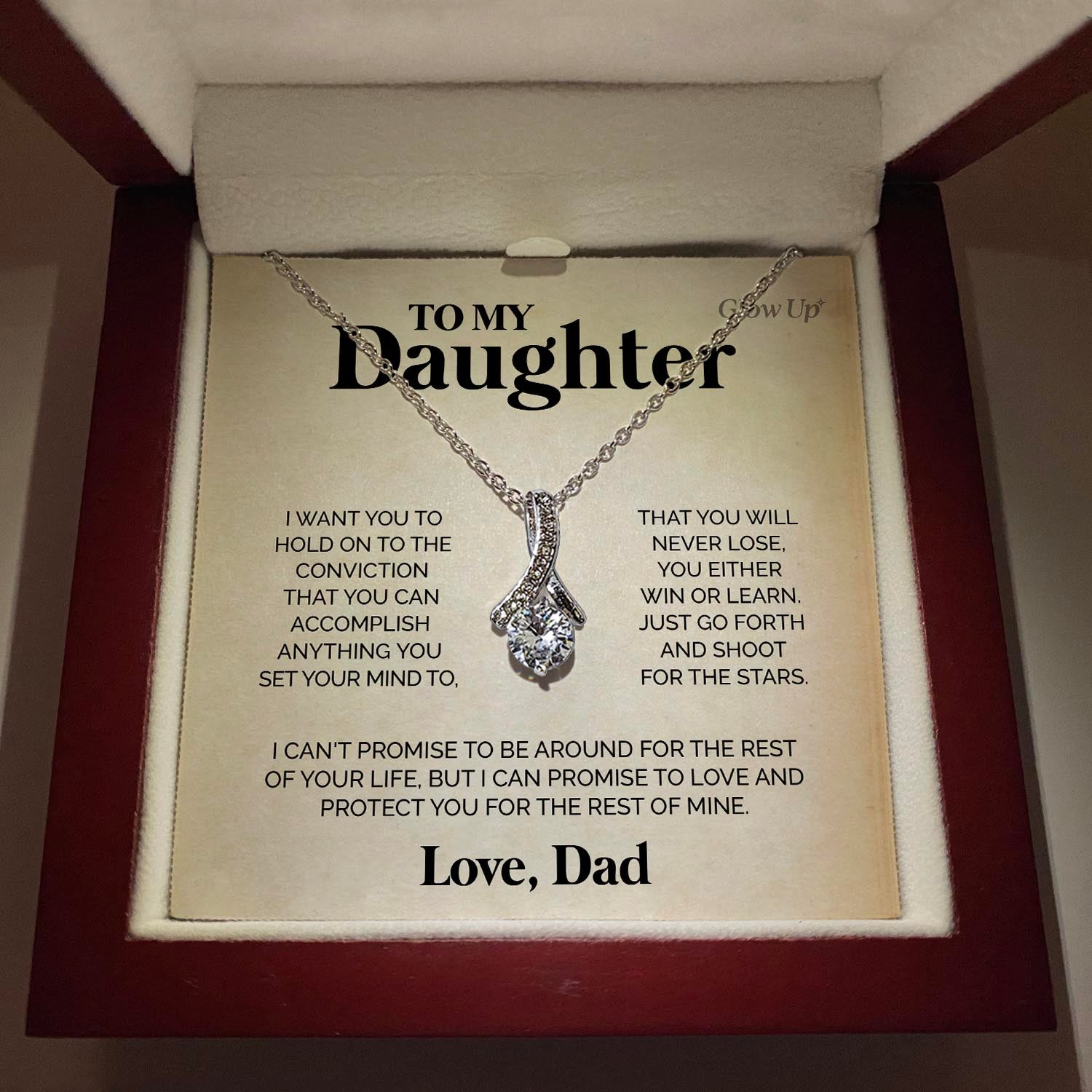 ShineOn Fulfillment Jewelry 14K White Gold Finish / Luxury LED Box To my Daughter - Just go forth - Ribbon Necklace