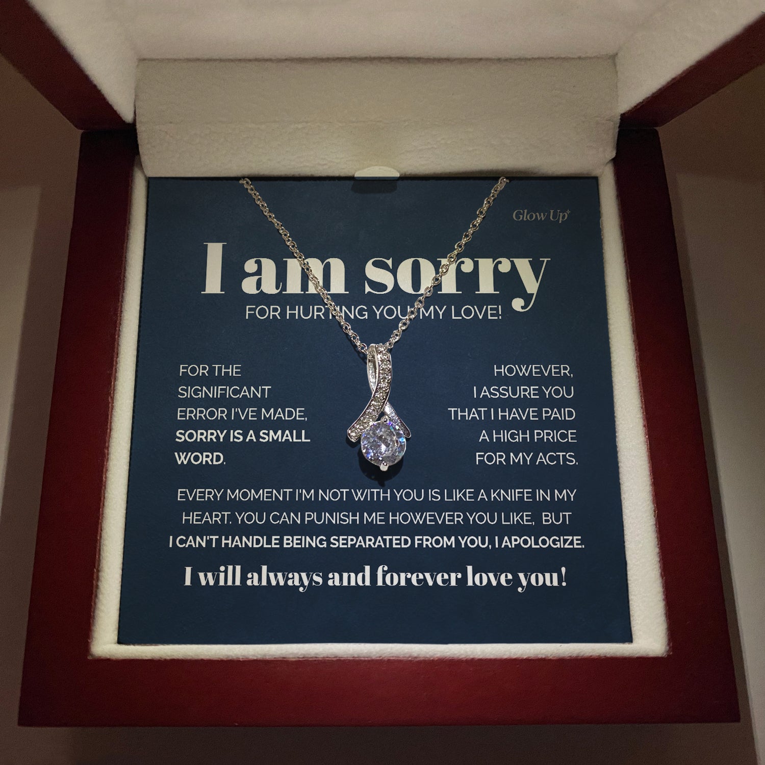 ShineOn Fulfillment Jewelry 14K White Gold Finish / Luxury LED Box To my Soulmate - I'm sorry for hurting you - Ribbon necklace