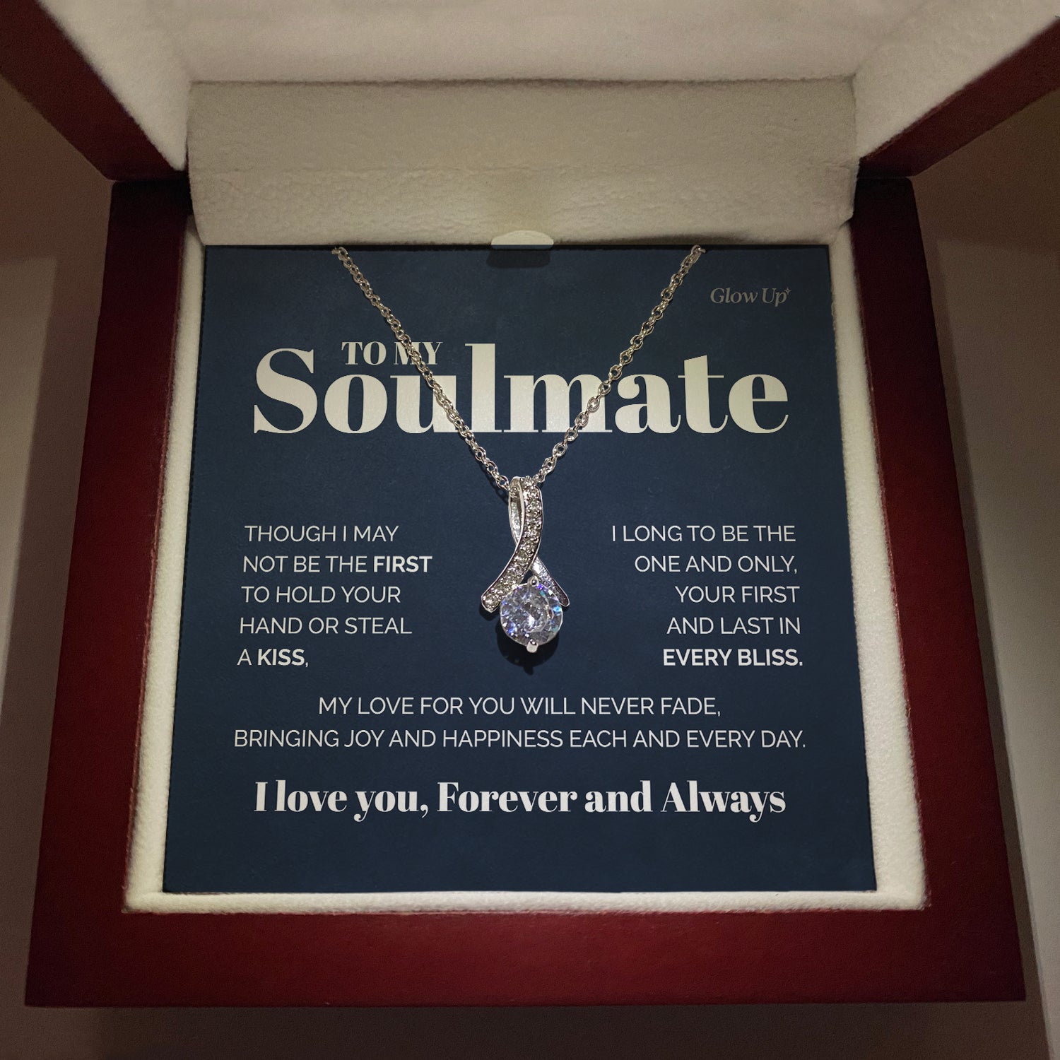 ShineOn Fulfillment Jewelry 14K White Gold Finish / Luxury LED Box To My Soulmate - My love will never fade - Ribbon necklace
