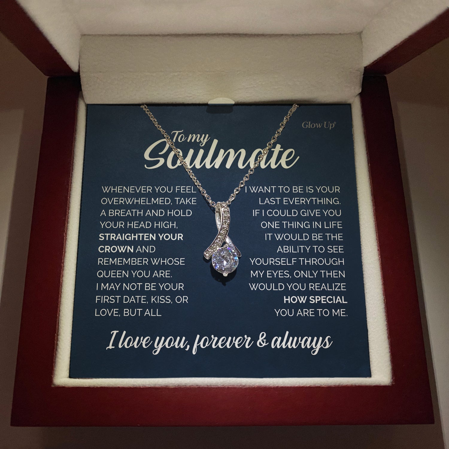 ShineOn Fulfillment Jewelry 14K White Gold Finish / Luxury LED Box To my Soulmate - You are my Queen - Ribbon Necklace