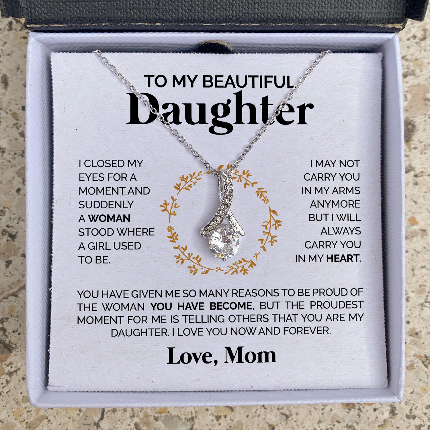 ShineOn Fulfillment Jewelry 14K White Gold Finish / Standard Box To my Beautiful Daughter - I love you - Ribbon Necklace