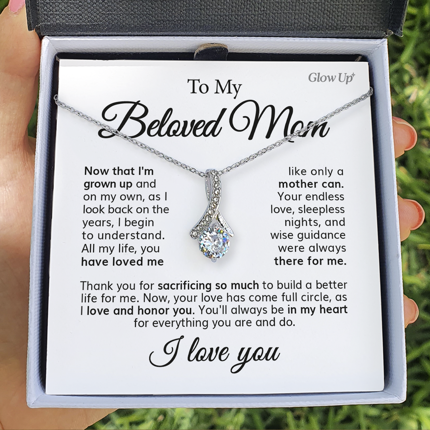 ShineOn Fulfillment Jewelry 14K White Gold Finish / Standard Box To My Beloved Mom - Endless Love - Ribbon Necklace