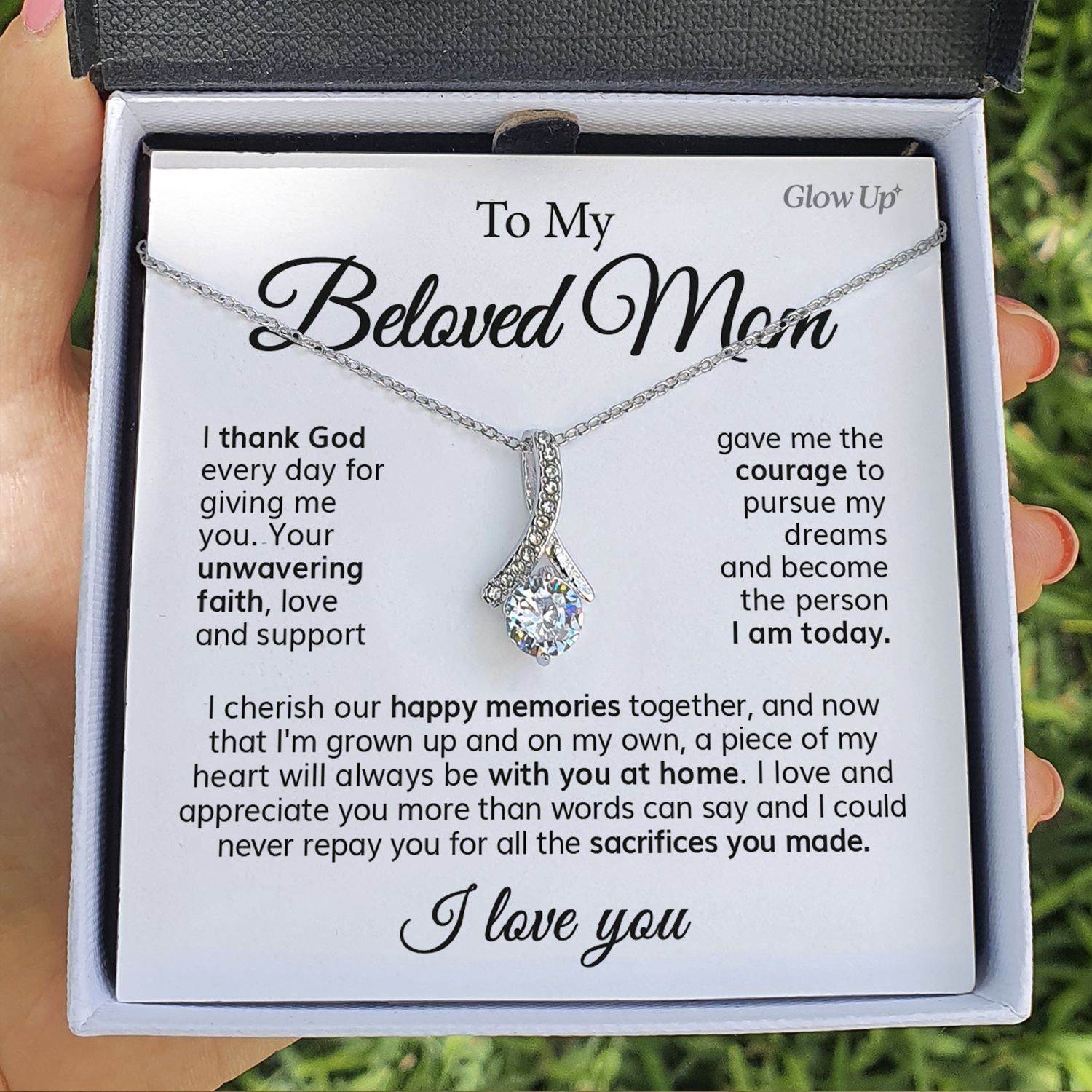 ShineOn Fulfillment Jewelry 14K White Gold Finish / Standard Box To My Beloved Mom - Love and Appreciate You - Ribbon Necklace