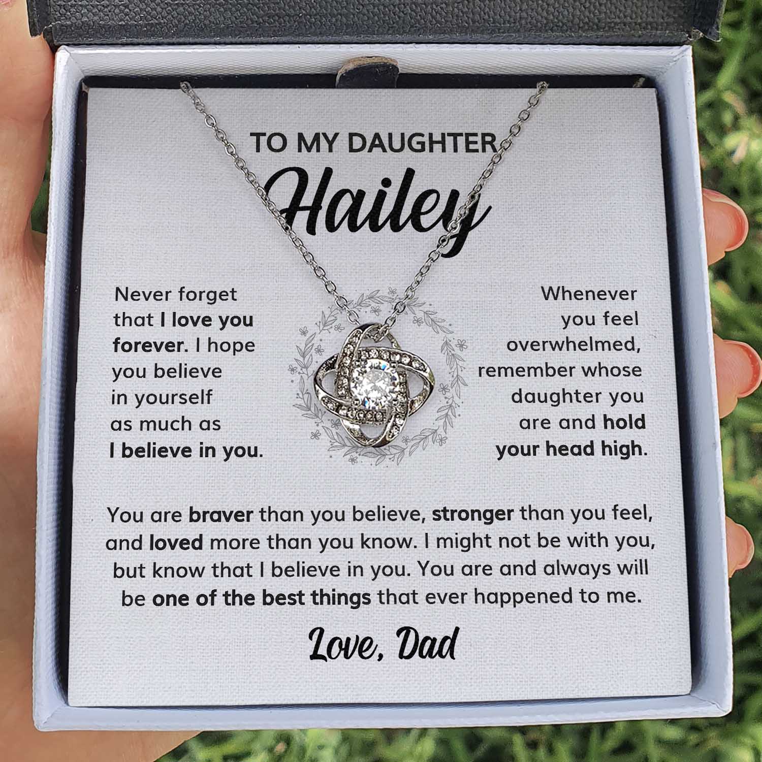 ShineOn Fulfillment Jewelry 14K White Gold Finish / Standard Box To my Daughter Custom Message Card - Hold your Head High - Love Knot