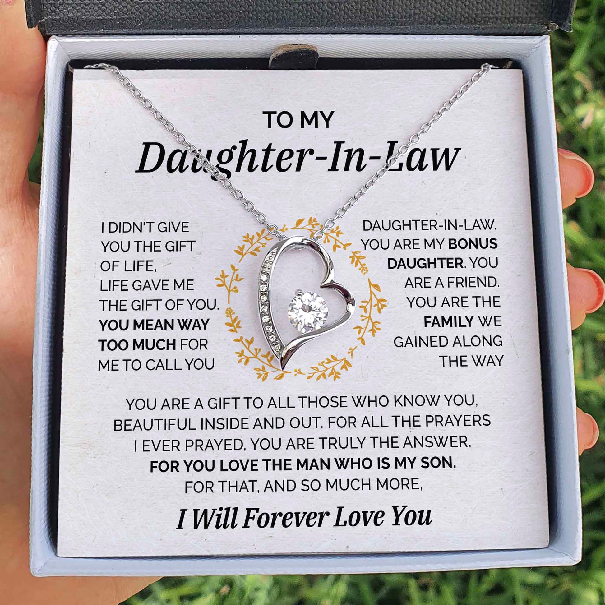 ShineOn Fulfillment Jewelry 14k White Gold Finish / Standard Box To my Daughter-In-Law - My Bonus Daughter - Forever Love Necklace