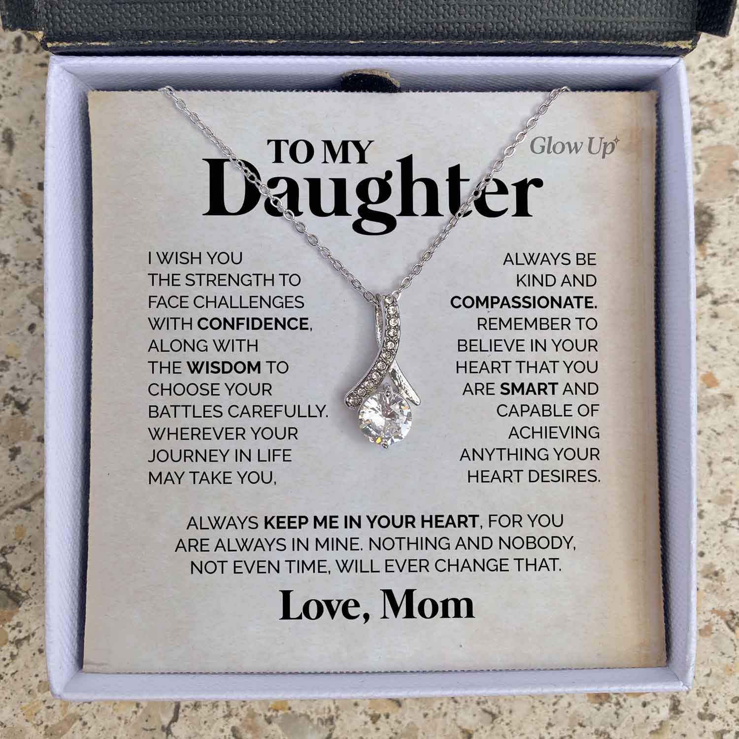 ShineOn Fulfillment Jewelry 14K White Gold Finish / Standard Box To My Daughter - Keep me in your heart - Ribbon necklace