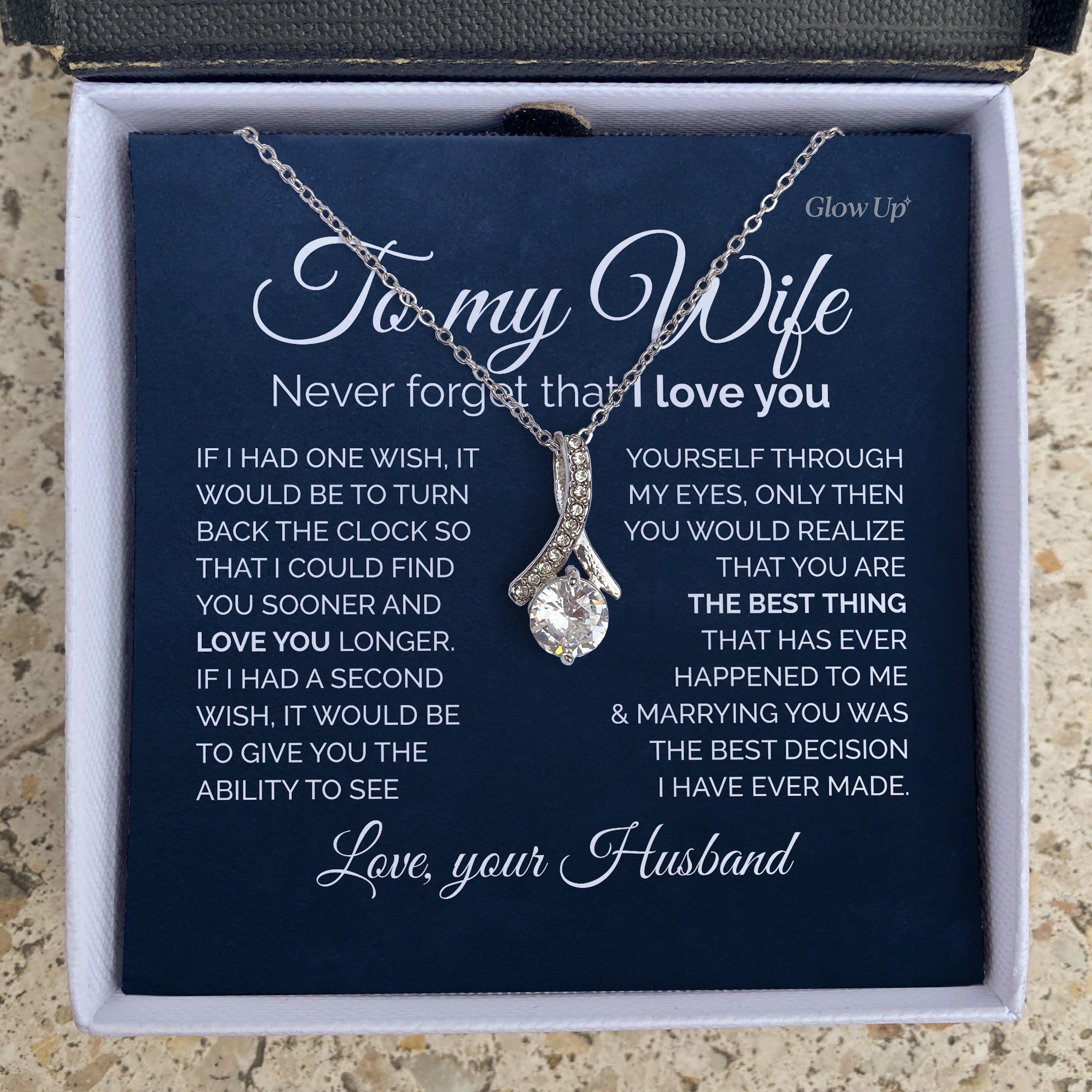 ShineOn Fulfillment Jewelry 14K White Gold Finish / Standard Box To my Wife - If I had one wish - Ribbon necklace