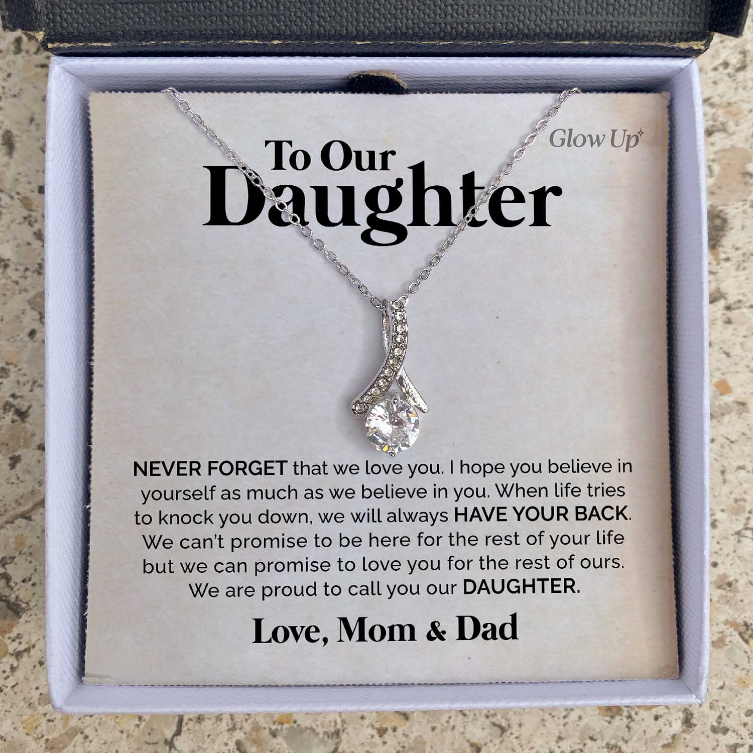 ShineOn Fulfillment Jewelry 14K White Gold Finish / Standard Box To Our Daughter - Never Forget - Ribbon Necklace